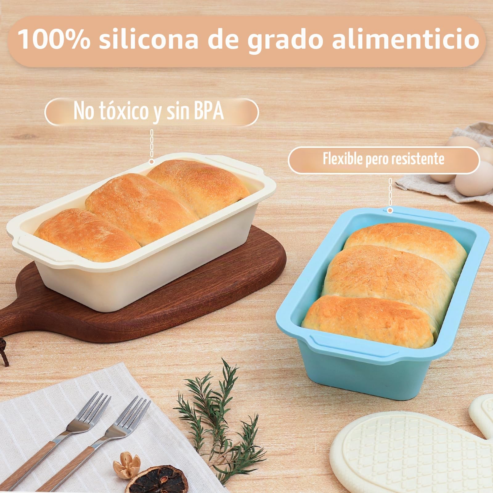 Molde para pan de silicona de 2 piezas: molde con marco metálico | 29,6x15,5x6,6cm - Molde rectangular antiadherente para hornear pan para tostadas (verde menta y beige)