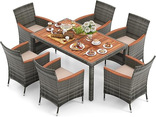 Miniatura 12 de Tangkula Juego de comedor de mimbre para exteriores, juego de muebles de comedor de patio con mesa de madera de acacia y 8 sillones, juego de mesa y