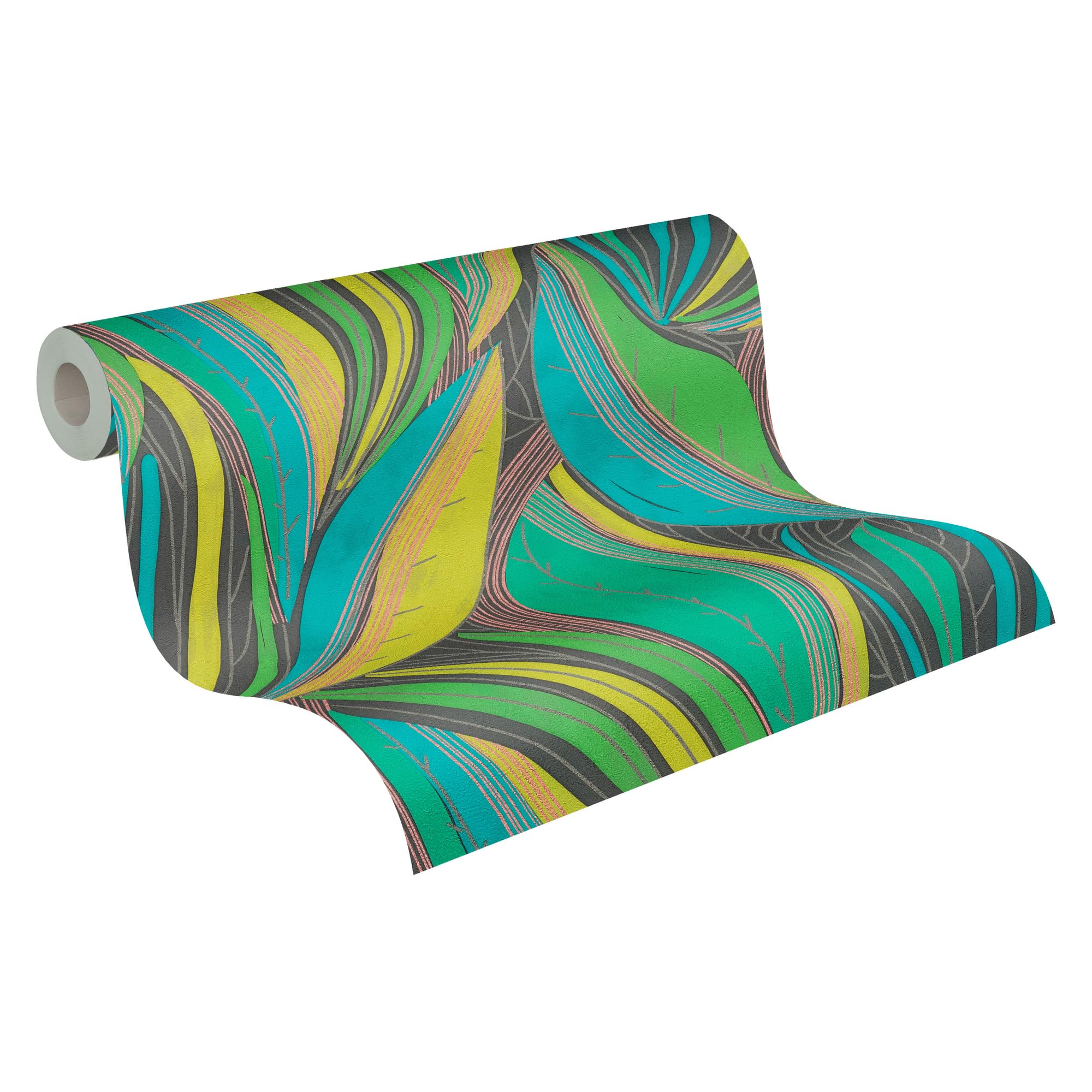 A.s. Création Green, Yellow, Turquoise, Metallic Livingwalls Hot Spots Non-Woven Wallpaper With Leaf Design In – 10,05 X 0,53 M Designer Wallpaper – 786551
