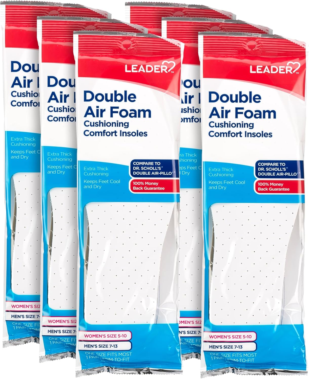 LEADER Double Air Foam Insoles, Keeps Feet Cool & Dry, Extra Thick Dual Layer, for Men & Women, One Size Fits Most, Trim to Size, Unisex, Compare to Dr. Scholls Air-Pillo, 1 Pair, Pack of 5