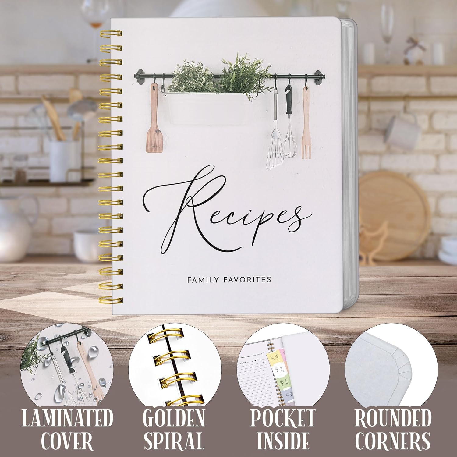Recipe Notebook (8.5 x 11) – Spiral Recipe Journal to Write Your Own Recipes, 147 Fixed Pages, Lay-Flat Design, Table of Contents, Pocket, Stickers, Gift-Ready Box (White)
