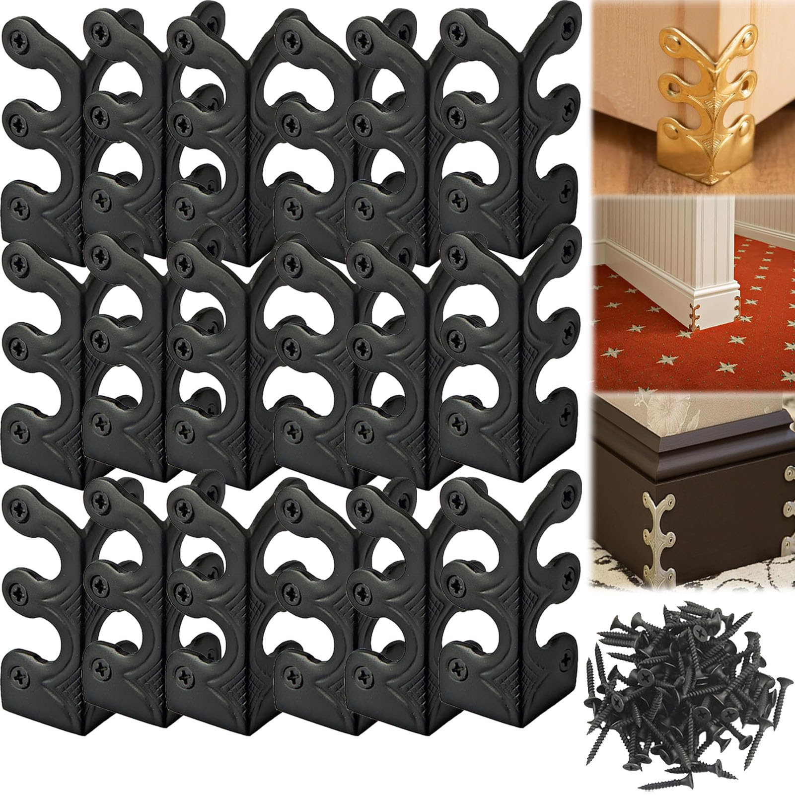 Skiffers Baseboard Corner Protectors, Solid Brass Skirting Board Corner Protectors, Brass Skiffers Corner Protectors, Gold Skiffers, Baseboard Skiffers Silver (18pcs,Black)