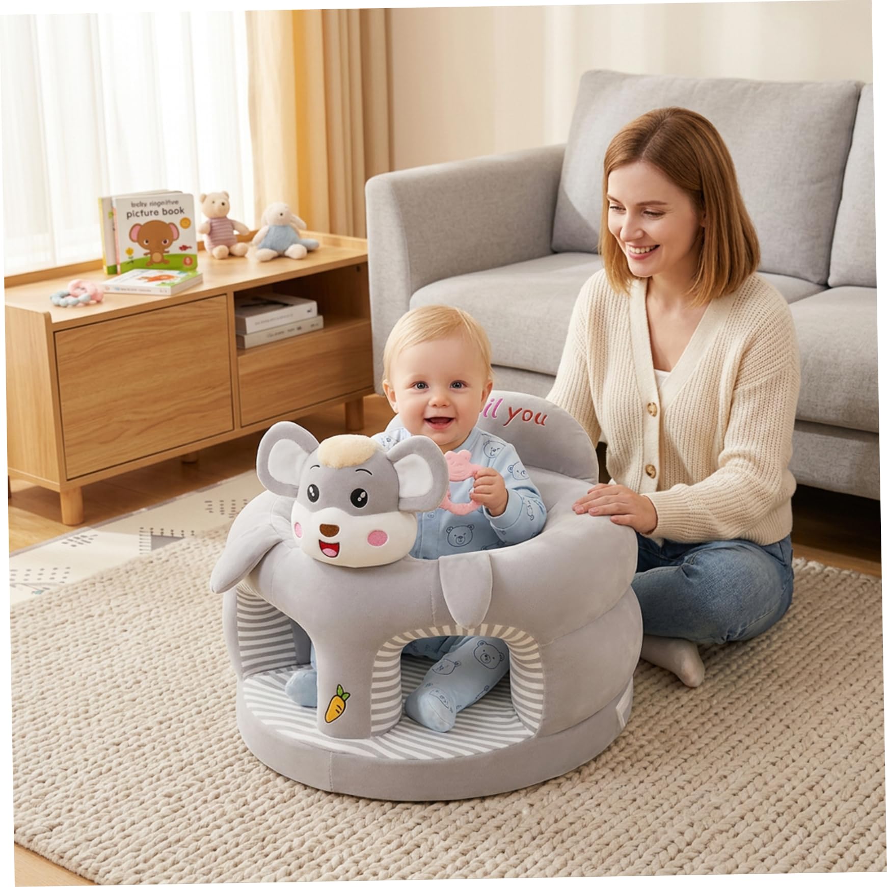 Babysitze für Kleinkinder zum Sitzen, Sitzstuhl für Babys, entzückender Sitzstuhl für Kleinkinder im Elefanten-Design mit ergonomischer Unterstützung für Sitzübungen, weicher Plüsch-Bodensitz, Grau