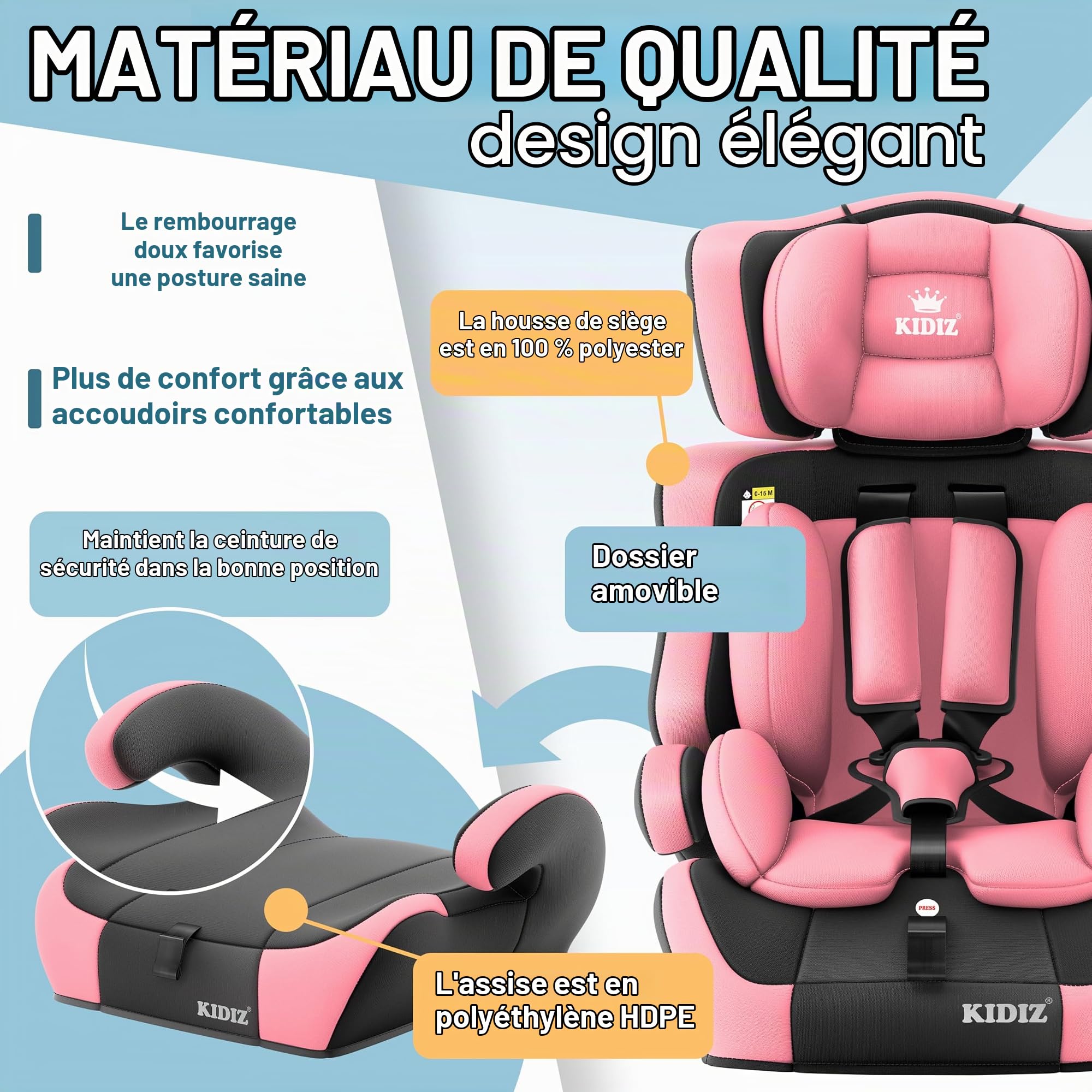 KIDIZ® Siège auto i-Size R129 de 100 à 150 cm à 12 ans, groupe 1/2/3, sans isofix, siège enfant évolutif, ceinture 5 points et appuie-tête réglable en hauteur, rose