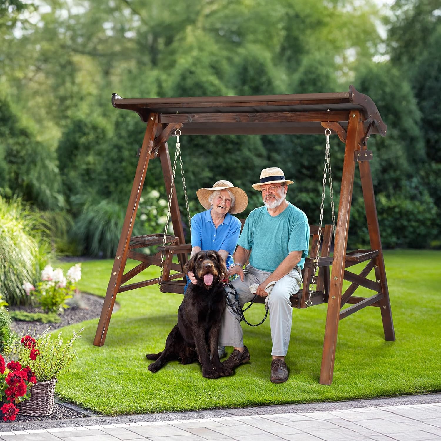 VINGLI Porch Swing with Stand, Porch Swing with Canopy, Waterproof Patio Swing with Cup Holder, Outdoor Swing Set for Garden, Yard, Patio, Rustic