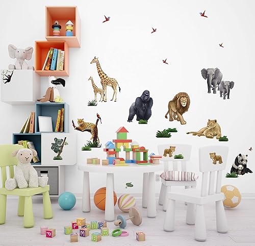 Miniatura 2 de Calcomanías de pared de animales de safari pequeños, (30) calcomanías de pared de animales de la selva para decoración de habitación de niños, arte
