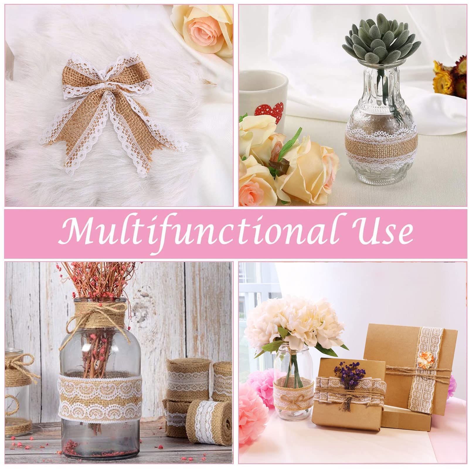 4 Rouleaux Ruban De Jute, Ruban Jute Dentelle, Naturelle Vintage Ruban En Jute Avec Dentelle, Ruban Blanc Vintage, Bricolage Décoration De Mariage Artisanat, Les Emballages-Cadeau(2 Mètre Par Rouleau