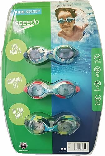 Speedo Paquete triple de gafas de natación para niños, estampados divertidos! (azulblanco, rojoblancoazul, amarilloazul)