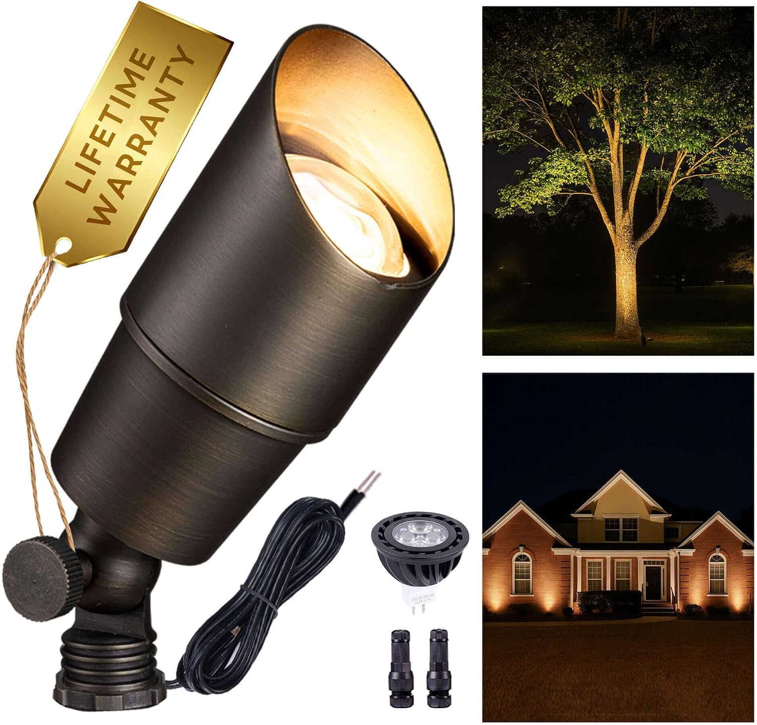 Gardenreet Landscape Spotlights Low Voltage - Brass Outdoor Uplight LED 12V, Wired Spot Lights IP65 Waterproof, Antique Bronze for Exterior Garden Yard Tree House with 5W 2700K Warm White MR16 Bulb