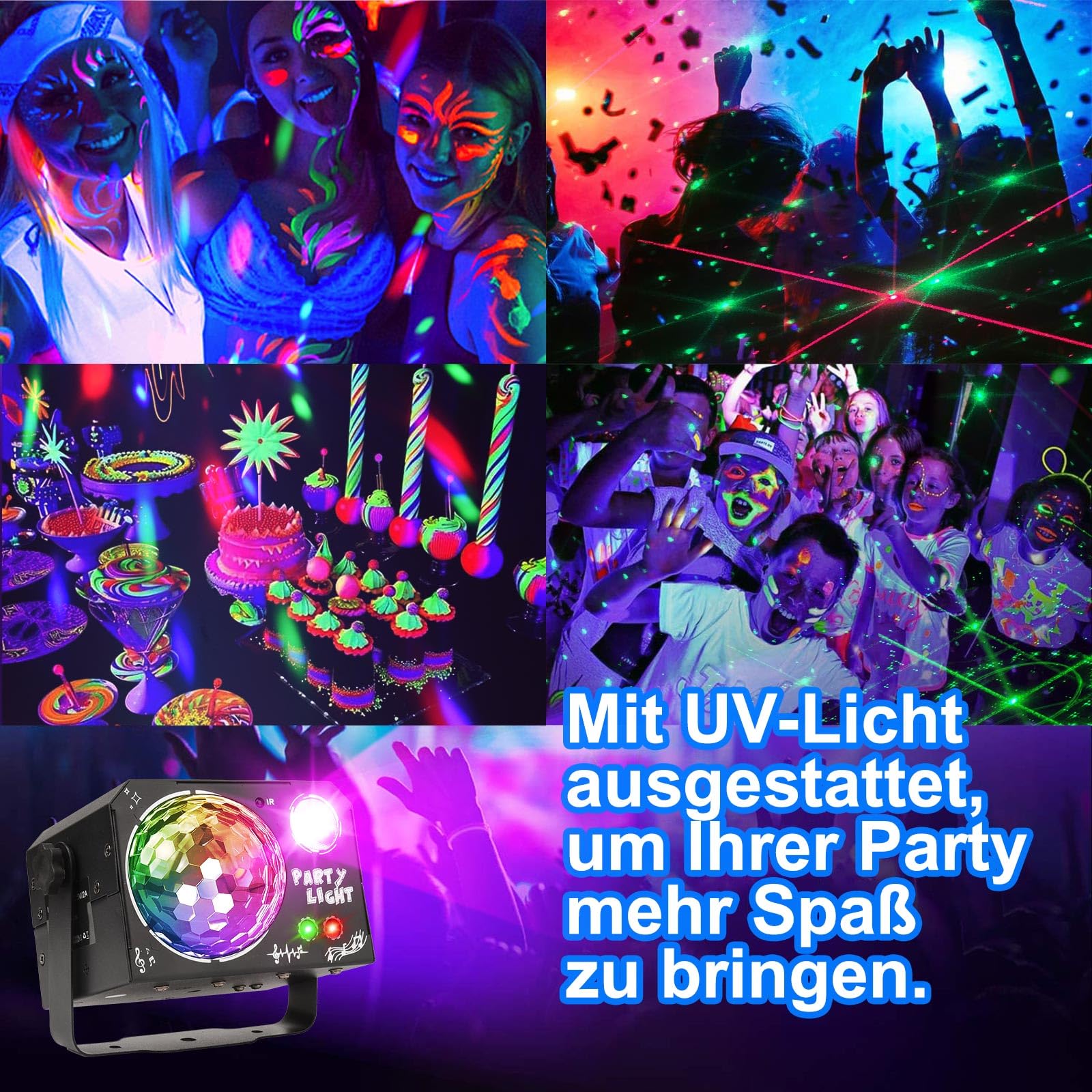 Nigecue Luz de discoteca 4 en 1 con mando a distancia, luz de discoteca controlada por música con luces de bola RGB, luz negra UV, controlada por voz, lámpara LED DJ, bola de discoteca para Halloween