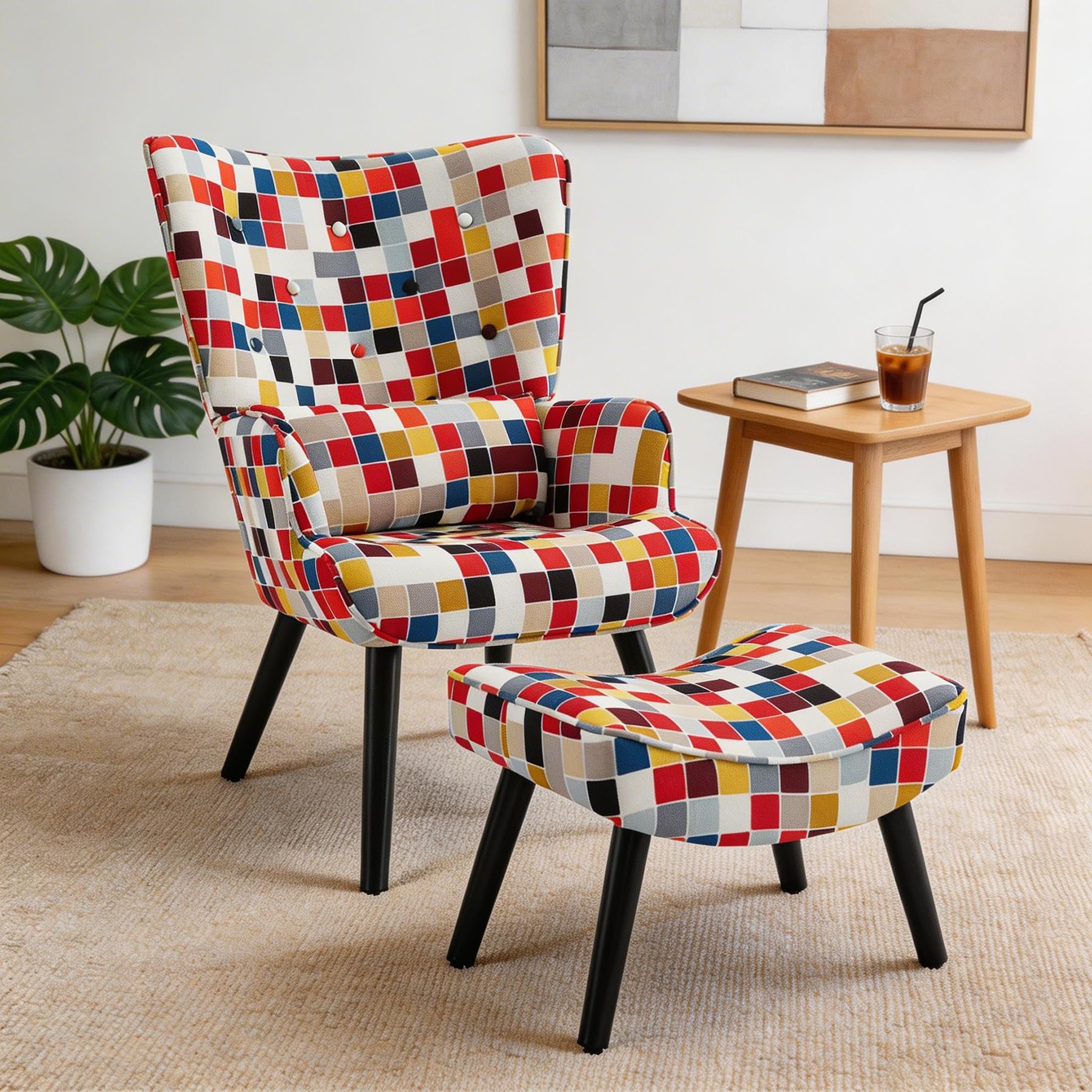 Fauteuil Patchwork Scandinave avec Repose-Pieds Support Lombaire | Fauteuil de Lecture Confortable avec Bois Massif, Tissu Lin et Design Ergonomique, pour Salon, Chambre ou Balcon