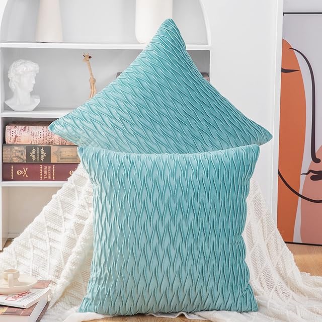 Madizz Pack of 2 Super Soft Velvet Decorative Cushion Covers with Texture Luxury Style Throw Pillow Cases Pillow Shell for Sofa Bedroom Square Aqua 18x18 inch