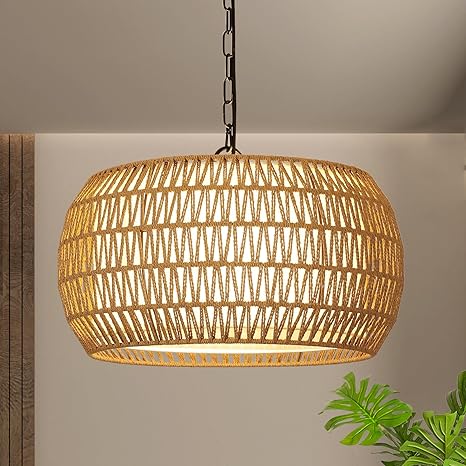 PAUFUL Rattan Farmhouse Chandelier Light Fixtures, 5-Lights Boho Large Pendant Light,Hand Woven Chandeliers for Dining Room with Fabric Shade,Rustic Chandeliers Hanging Light Fixtures for Kitchen Island