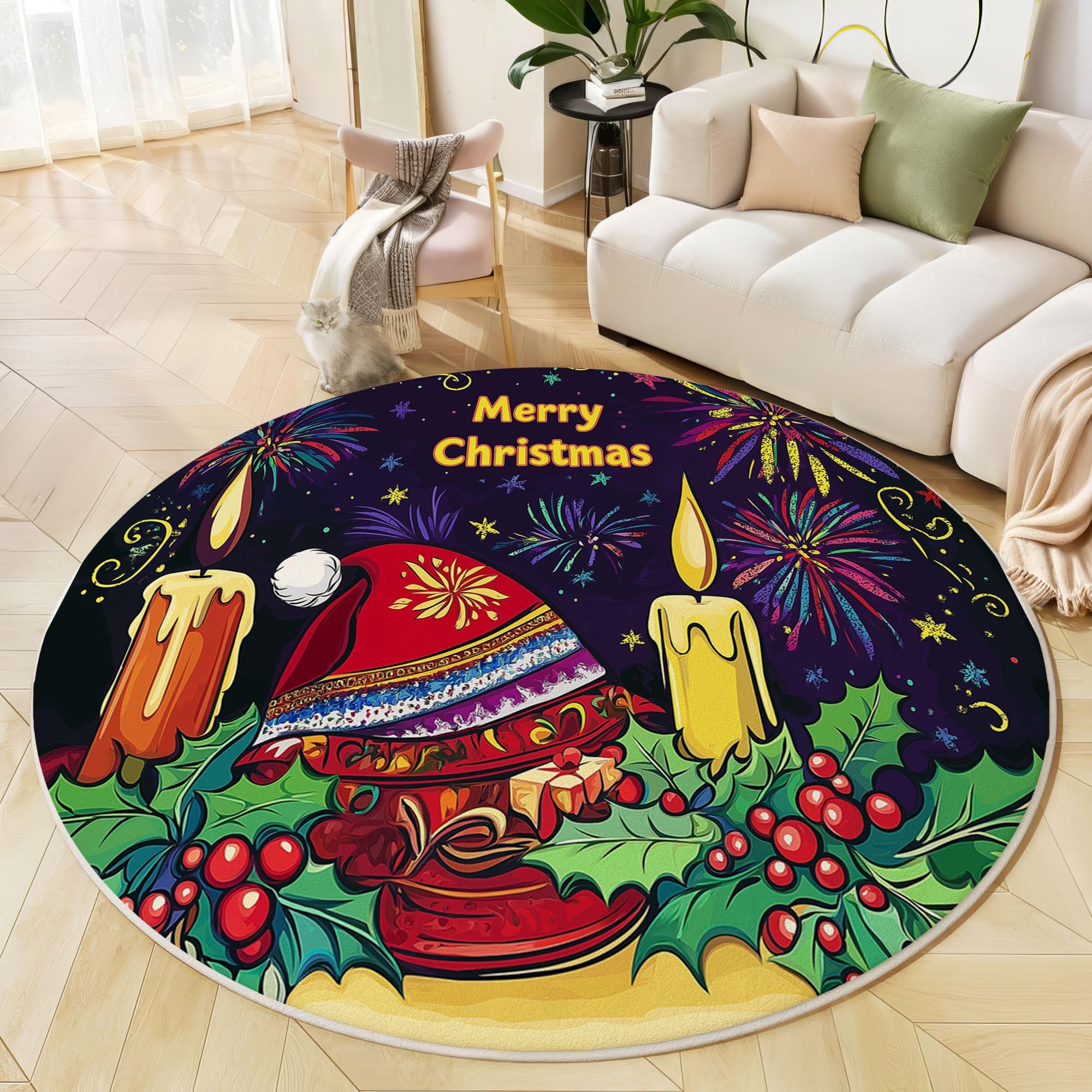 Tapis de salon rond noir 120 cm lavable et antidérapant pour décoration de Noël d'intérieur