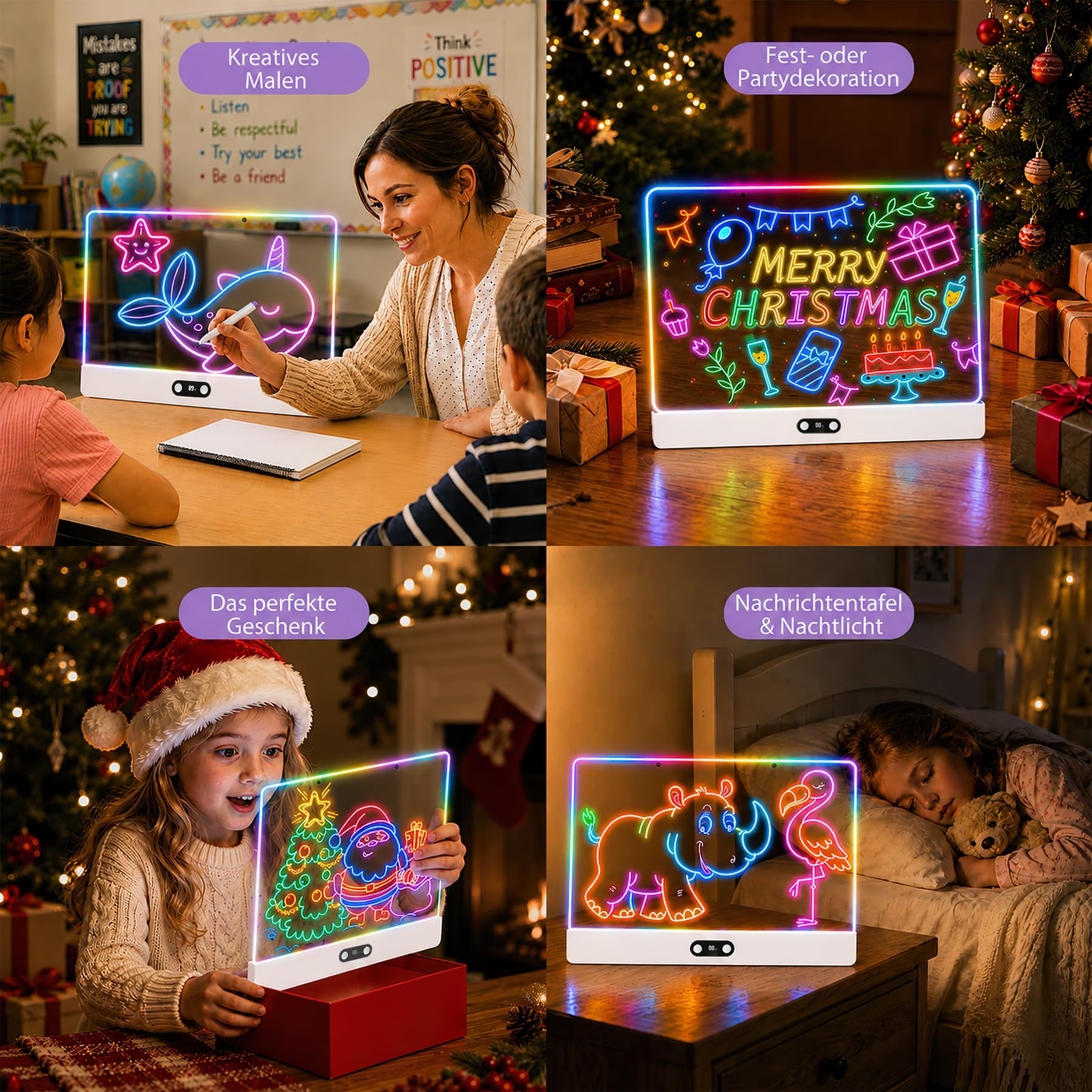 Lavagna da disegno a LED con indicatore digitale della batteria, 35 x 26 cm, lavagna acrilica (bianca) con 8 colori e 7 penne al neon, lavagna luminosa riscrivibile, per bambini, ufficio, bar e