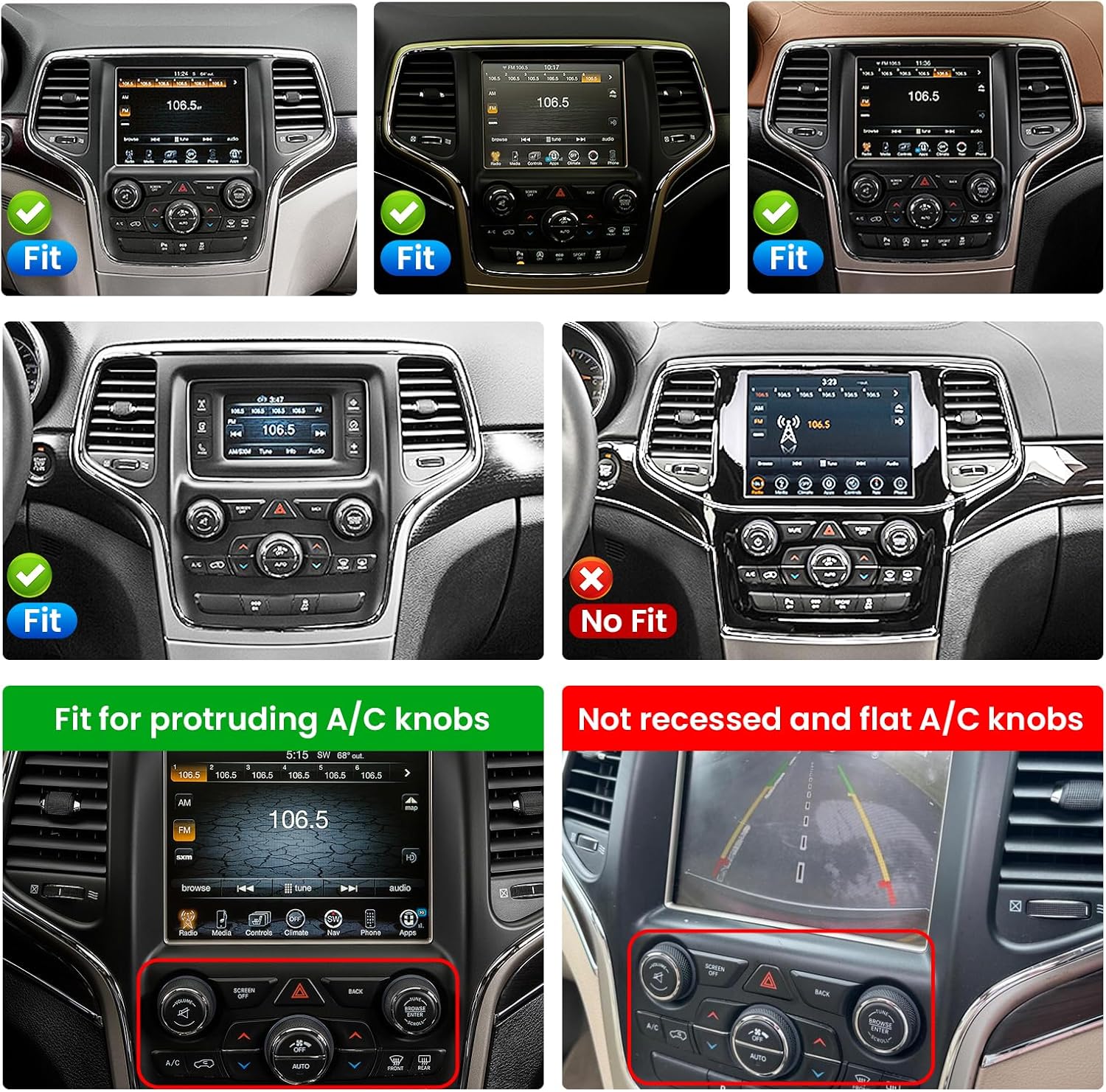 Diagram showing compatible and incompatible dashboard configurations for Jeep Grand Cherokee models, highlighting A/C knob types.
