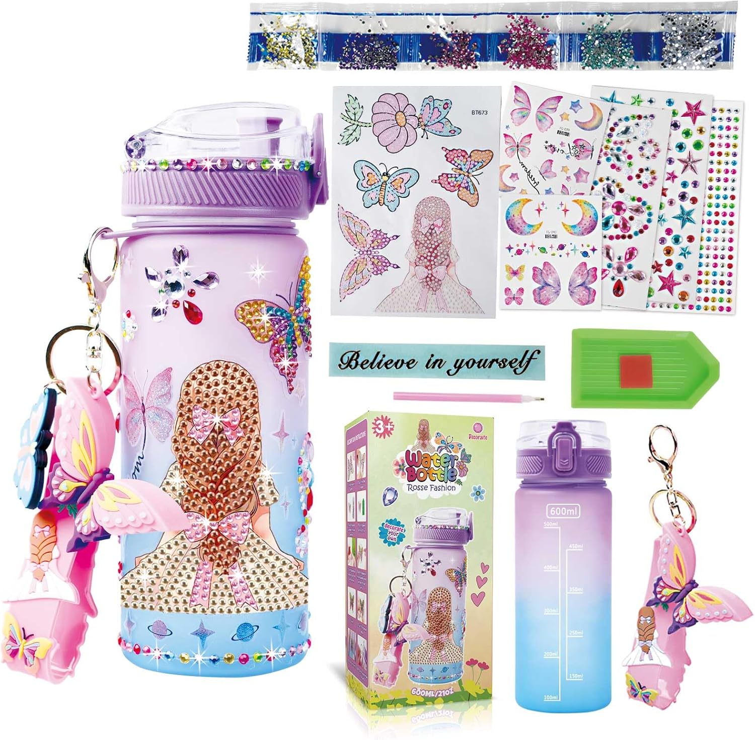Toys for 3-12 Year Old Girls Kids, Decorate Your Own Water Bottle Kits for Girls, Butterfly Gem Diamond Painting Arts and Crafts Birthday Gifts for 3 4 5 6 7 8 9 10 Year Old Girls (Butterfly 600ml)