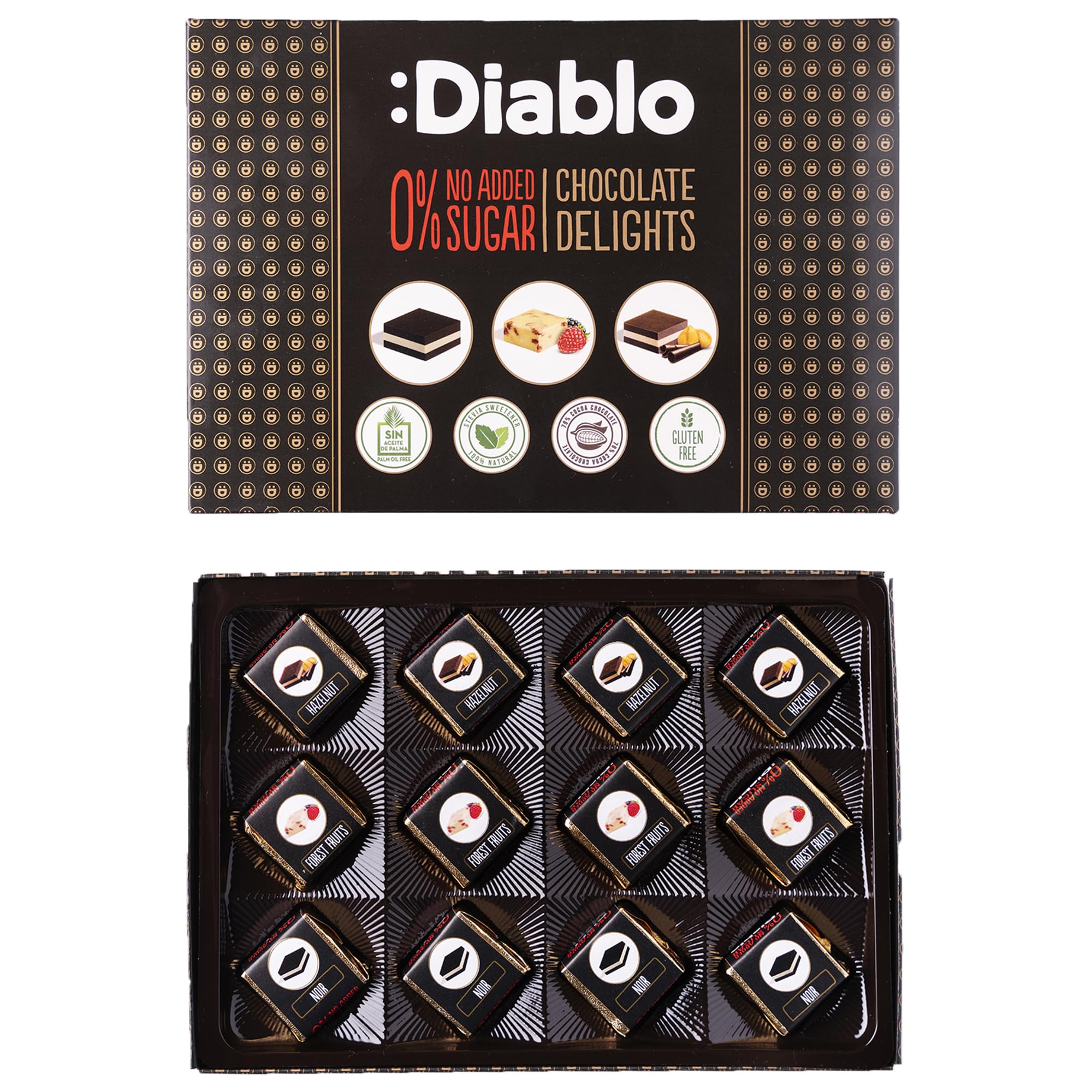 Diablo No Added Sugar Chocolate Delights - Luxury Chocolates Gift Box for All, Gluten Free Sweet Treats with Noir, Hazelnut & Forrest Fruit Selection, Ideal for Gifting, 12 Pcs (Pack of 1)