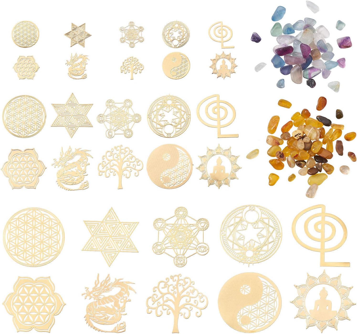 Craftdady 40pcs Geometry Orgonite Stickers Chakra Aum Yoga Yinyang Meditation Symbol Art Decals with 30g Undrilled Natural Chip Stone Beads for Resin Craft Energy Tower Phone Scrapbook Decor
