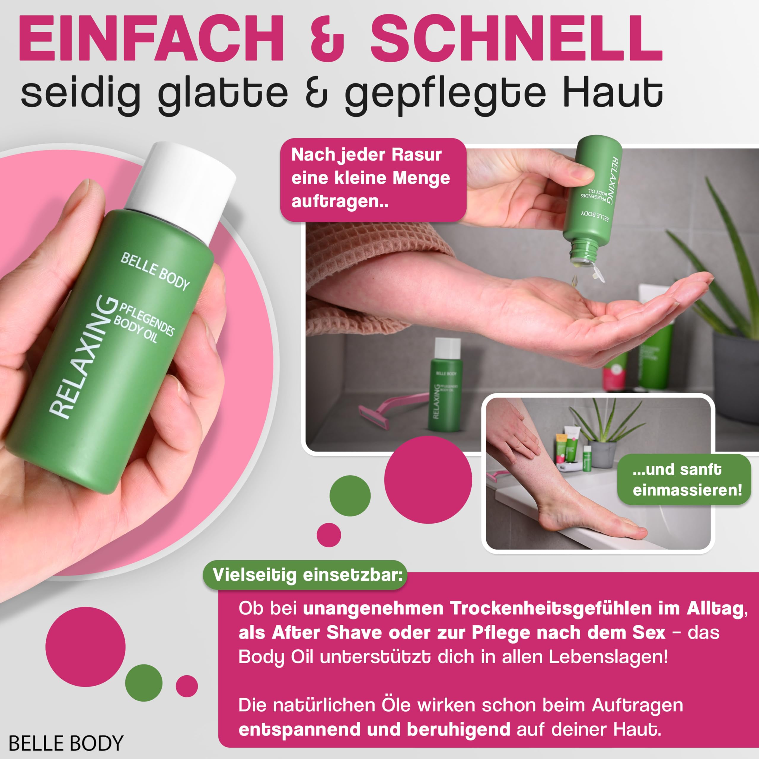 Belle Body Pflegendes Body Oil 1x50ml – Beruhigendes Körperöl nach Rasur & Haarentfernung – Mit natürlichen pflanzlichen Ölen - Für Intimbereich, Beine & Körper