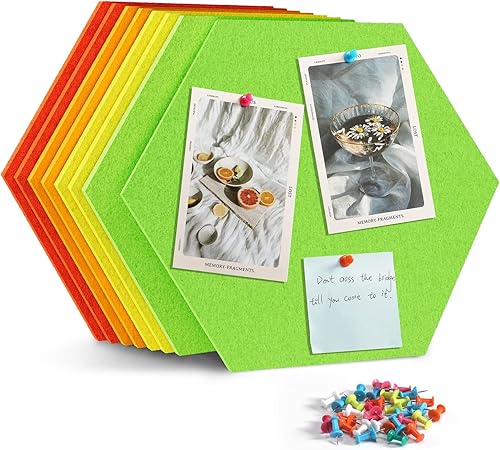 Miniatura 7 de Uoisaiko Tablón de anuncios grande de 12 pulgadas con 30 pasadores, paquete de 8 tableros de anuncios de fieltro hexagonal para oficina en casa,