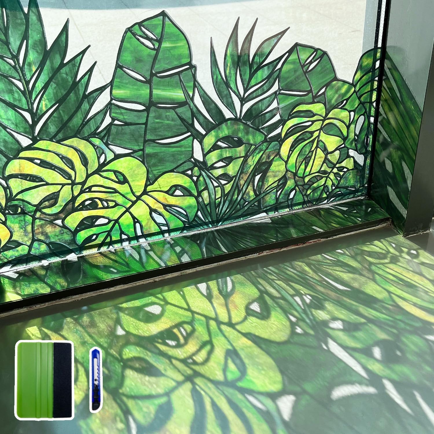 Original Hand Drawn Window Cling Film Stained Glass Border with Tools, Double Sided Transparent Window Film Haning Plants for Glass Window, Front Door, Monstera and Palm 16.93"X54.33"