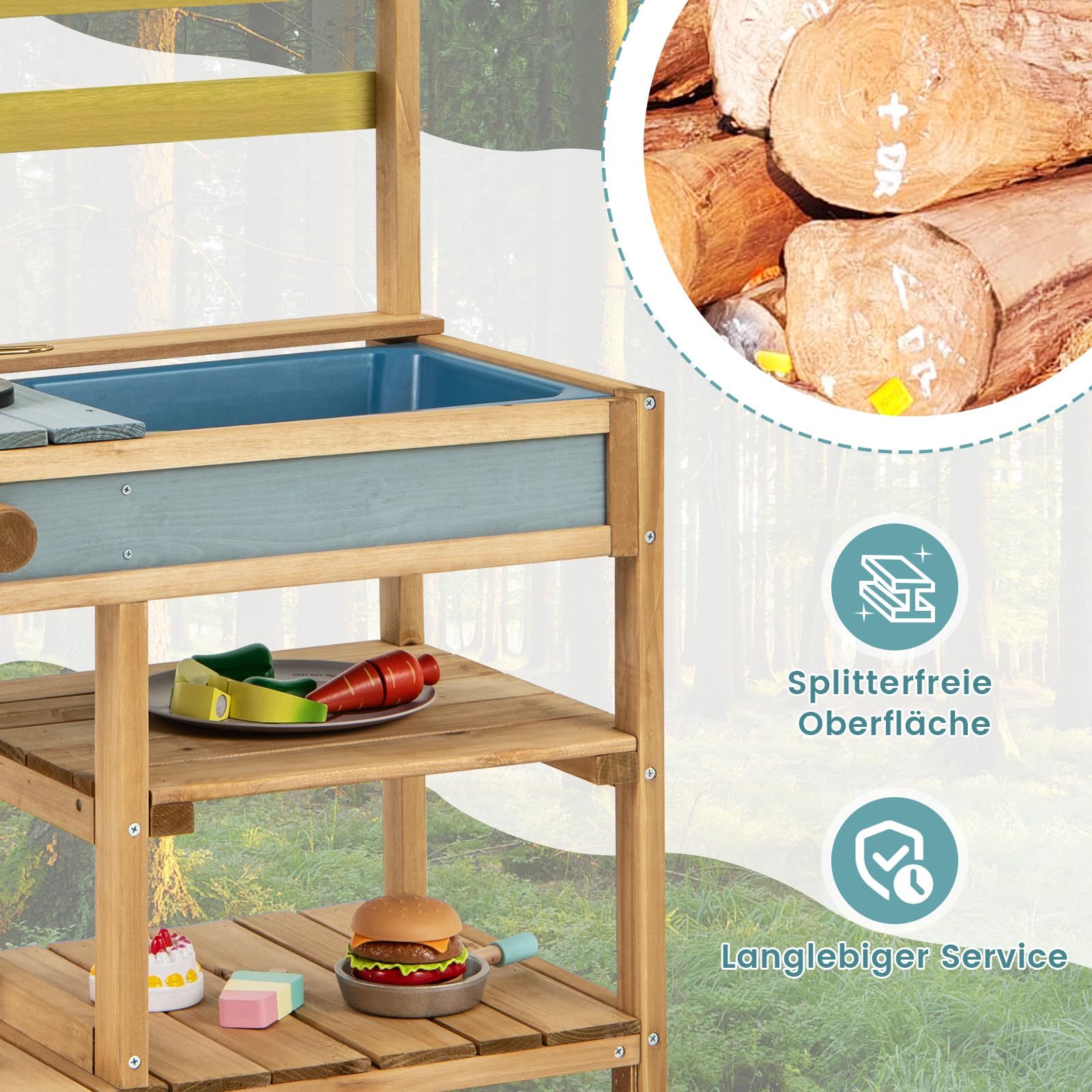 GOPLUS Matschküche Kinder Outdoor, Spielküche aus Holz mit Abnehmbarer Spüle & 3 Haken zum Aufhängen, Kinderküche mit Stauraum für den Garten, für Jungen & Mädchen ab 3 Jahren (Natur)