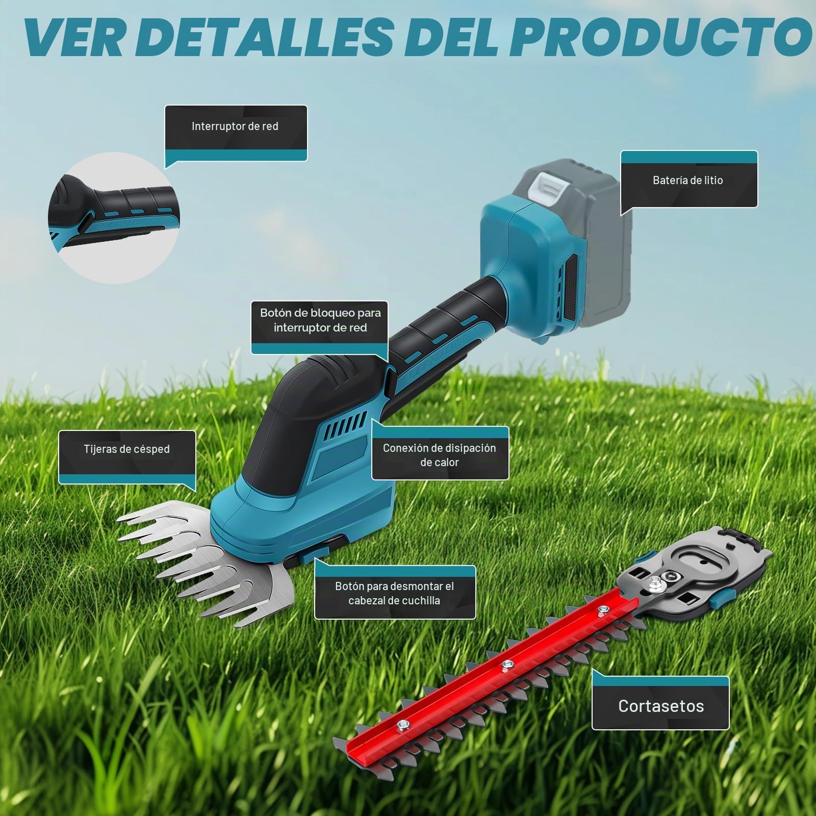 Cortasetos con batería compatible con Makita 18 V, 2 en 1 tijeras de césped y tijeras para arbustos, cortacésped para césped, patio trasero, jardín, 24 cm y 13,5 cm de ancho de corte (S)