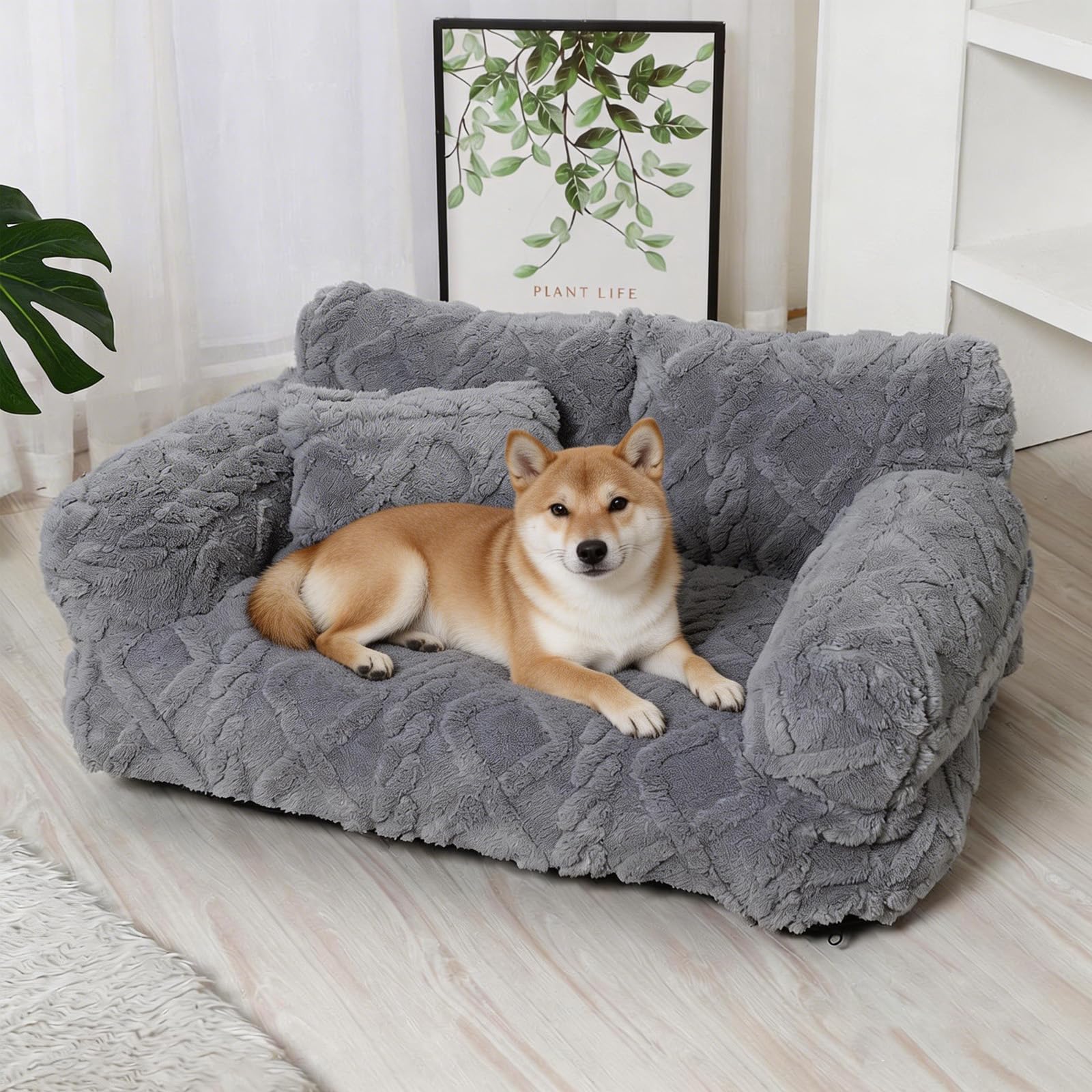Plush Calming Pet Sofa Bed with Removable Cover – Anxiety Relief, Machine Washable & Super Soft, Non-Slip Bottom & Neck Support – Calming Fluffy Puppy Sofa for Dogs & Indoor Cats (55*40*23cm,#C)
