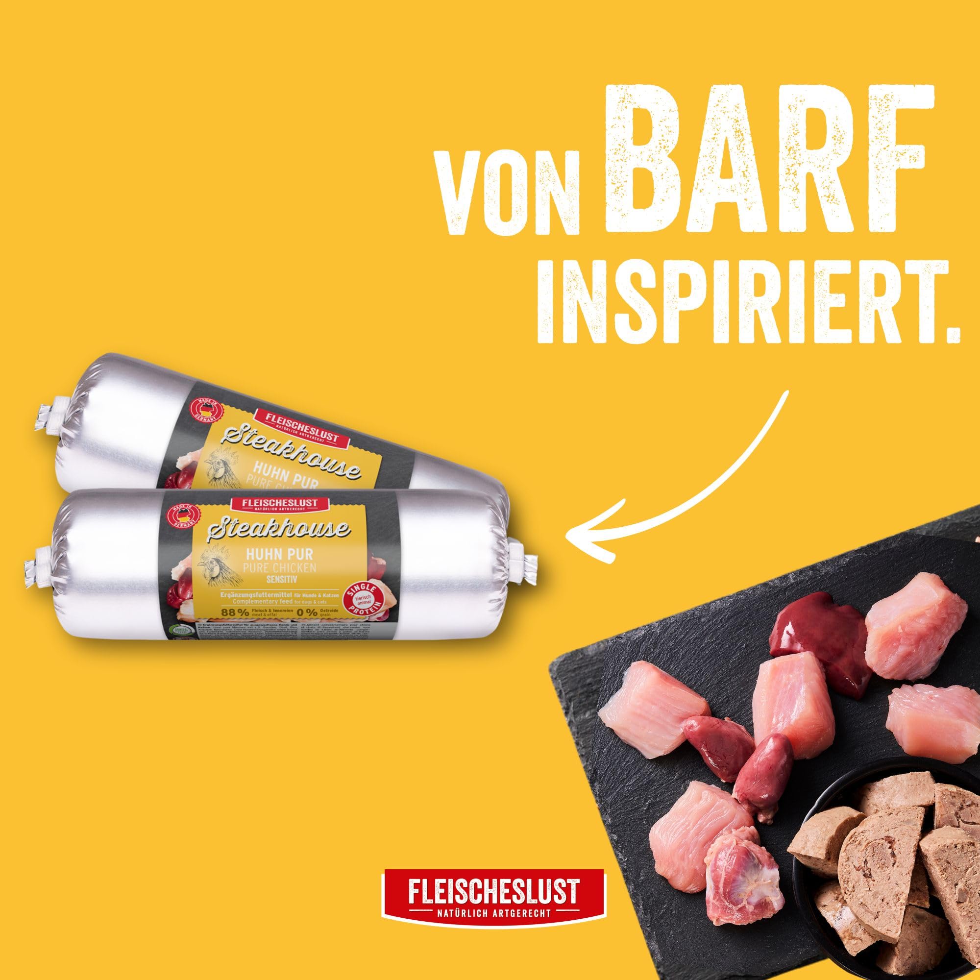 Steakhouse Huhn pur (14x500g), Nassfutter für Hunde & Katzen, sensitives Ergänzungsfutter, Monoprotein, getreidefrei, 14x Wurst von Fleischeslust