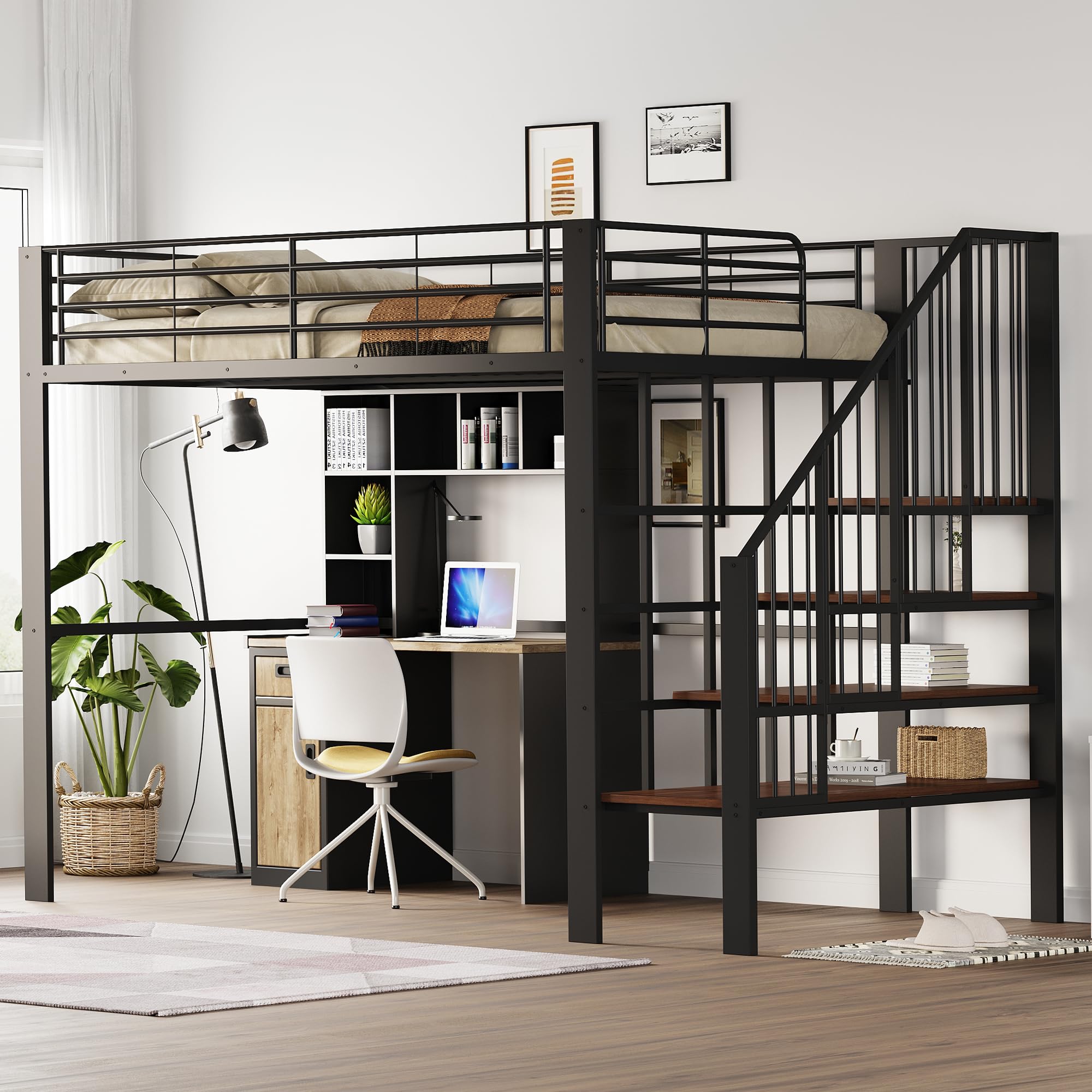 Dolamaní Letto a soppalco 140 x 200 cm per bambini e adulti, con ampio spazio di archiviazione sotto il letto e scala ideale (Nero B)