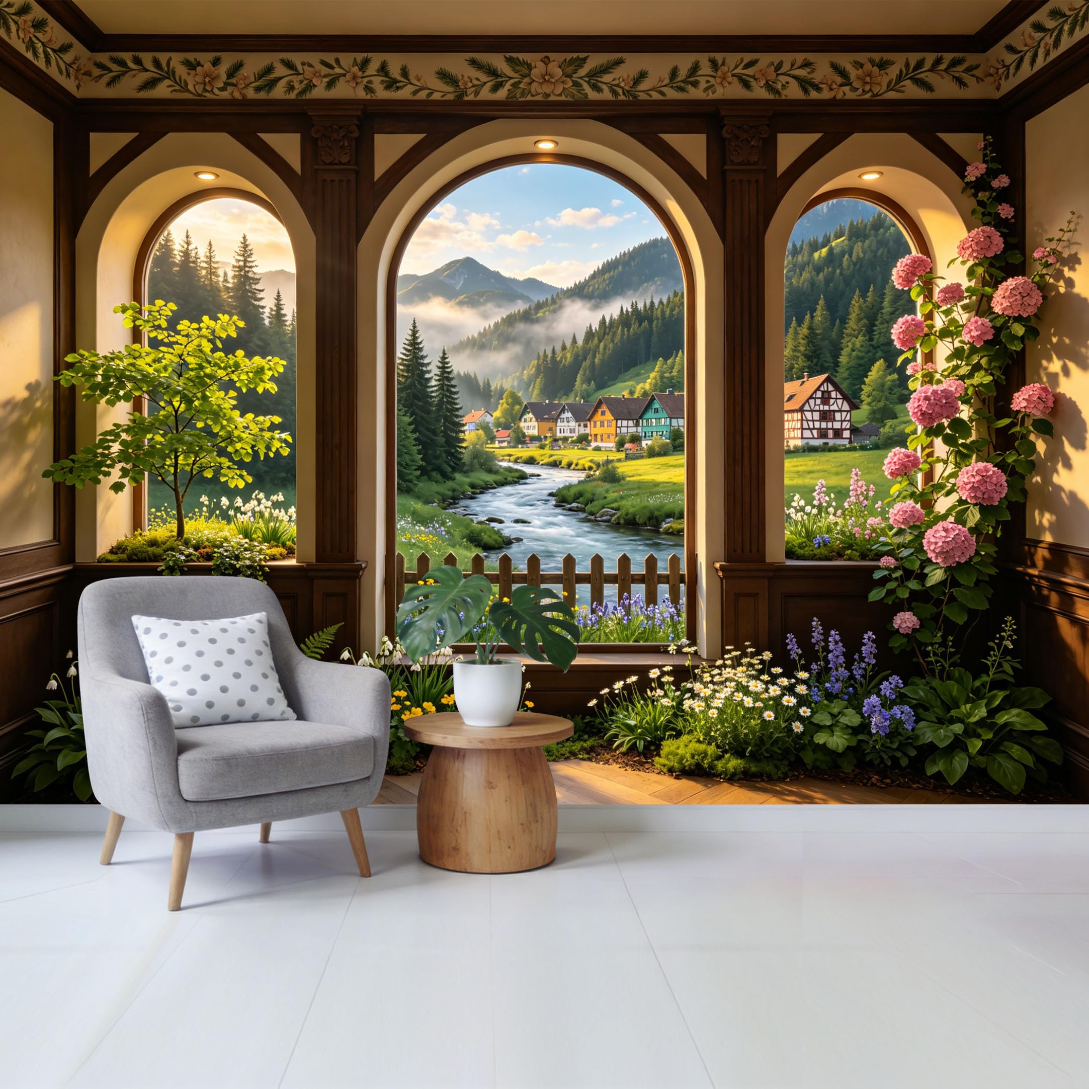 Removable Self Adhesive Fabric Mural， Custom Size Wall Covering Alpine Landscape Village River Scenic View， UV Protected Waterproof Washable Wall Decor for Living Room Bedroom Bathroom