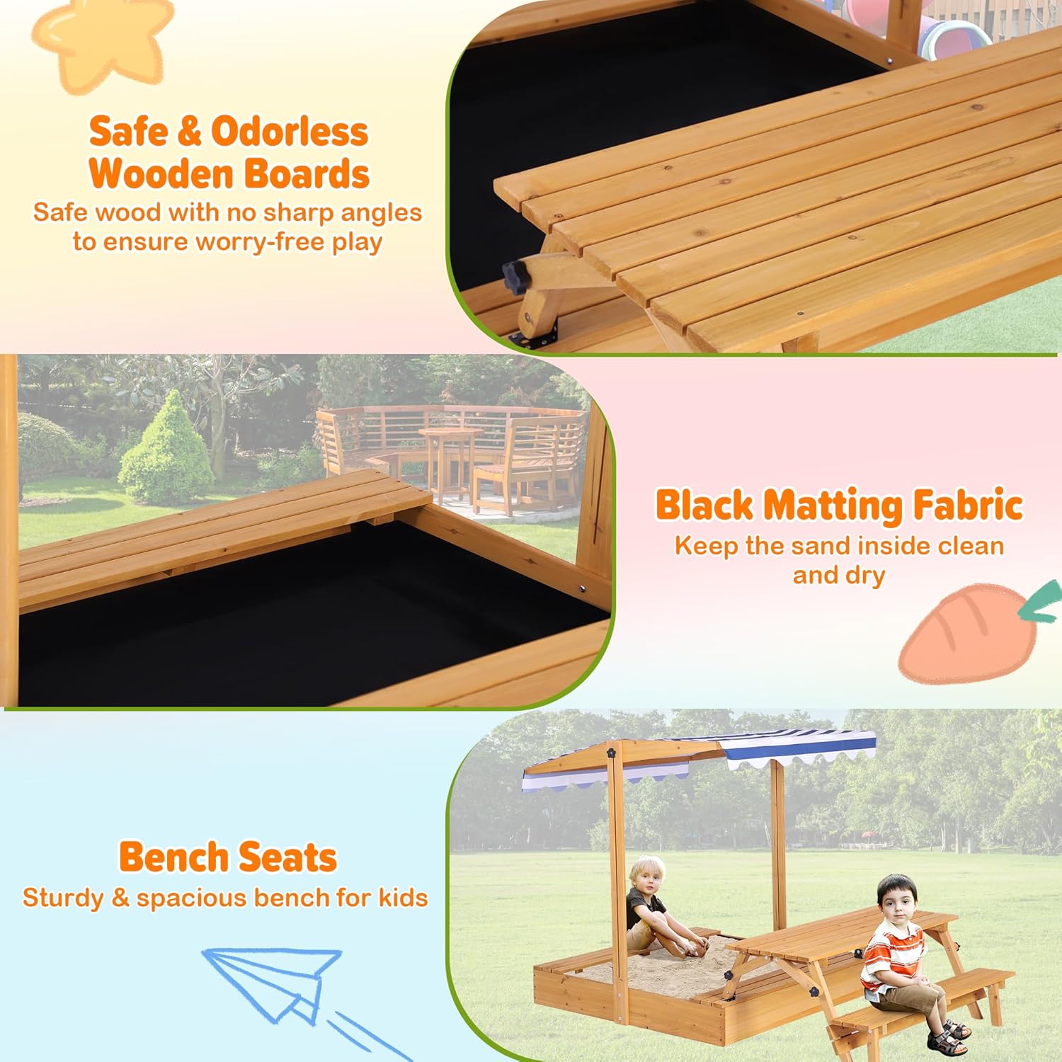 MAGIC UNION Kids Sandbox with Foldable Picnic Table, 3 in 1 Wooden Large Sandpits with Lid and Adjustable Cover Outdoor, Covered Kid Sandpits W/Bottom Liner for Backyard, Garden, Lawn, Poolside