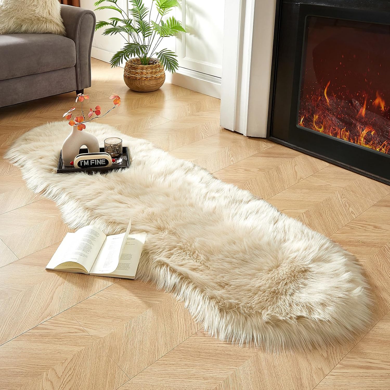 AMTOVO Faux Sheepskin Rug, Beige Ultra Soft Fluffy Shag Area Rug, 2 x 6 ft Faux Fur Rug for Bedroom Sofa Throw Cushion Room Decor, Sheepskin - Image 9
