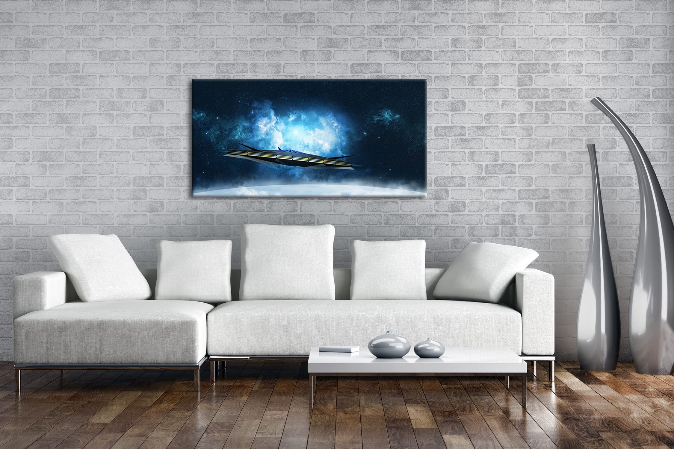 Impressionnant vaisseau spatial dans l'univers panoramique 80 x 40 cm Impression numérique de qualité supérieure avec cadre en bois