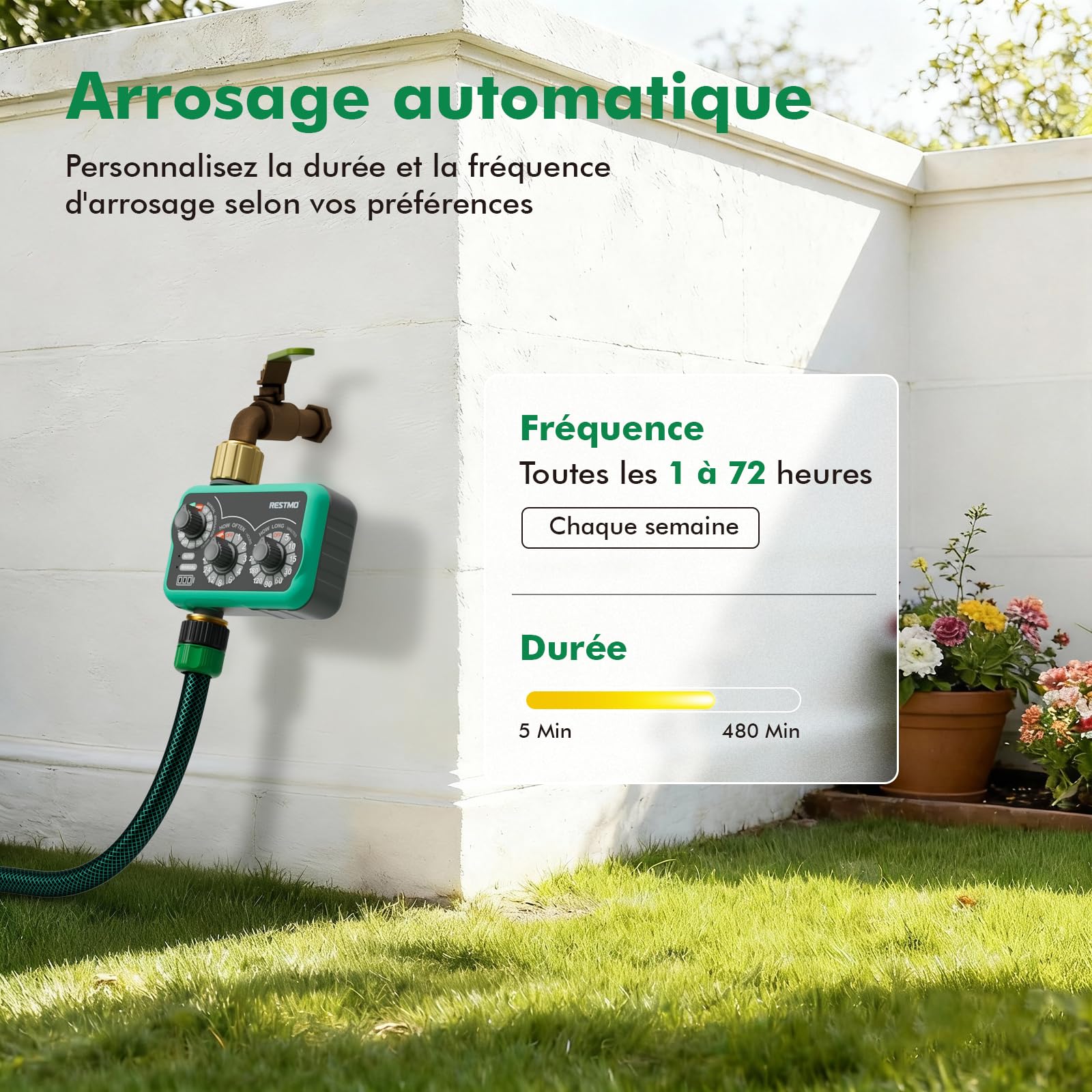 RESTMO programmateur arrosage 3 Boutons, entrées/Sorties Laiton, minuterie pour Tuyau et Goutte-à-Goutte. Jusqu’à 480 Min, Installation Facile