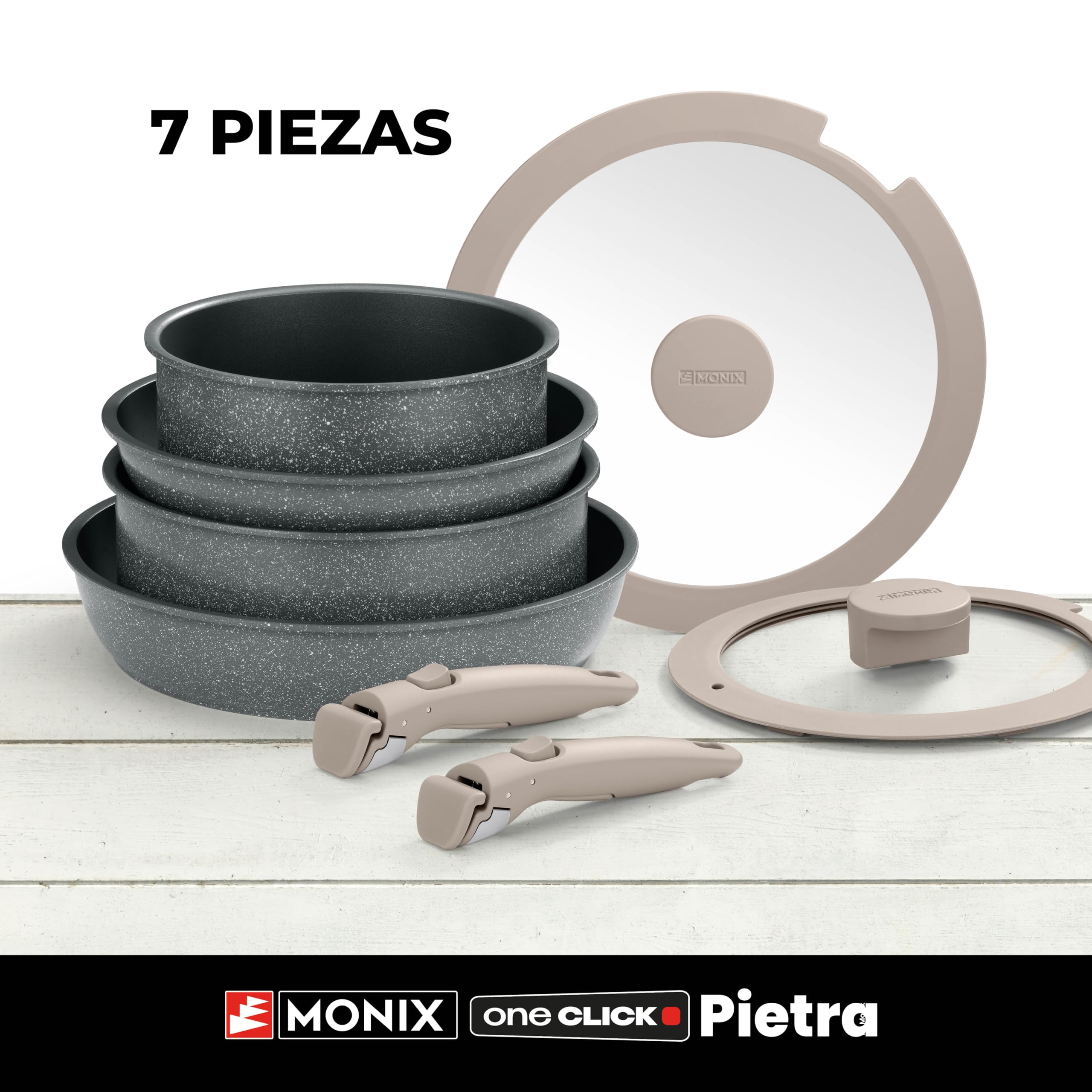 MONIX One Click Pietra | Batería 8 piezas, Aluminio Forjado con Antiadherente, libre de PFOA, Mango Desmontable, Apta para todo tipo de Cocinas, Incluida Inducción, Apilable para ahorro de Espacio