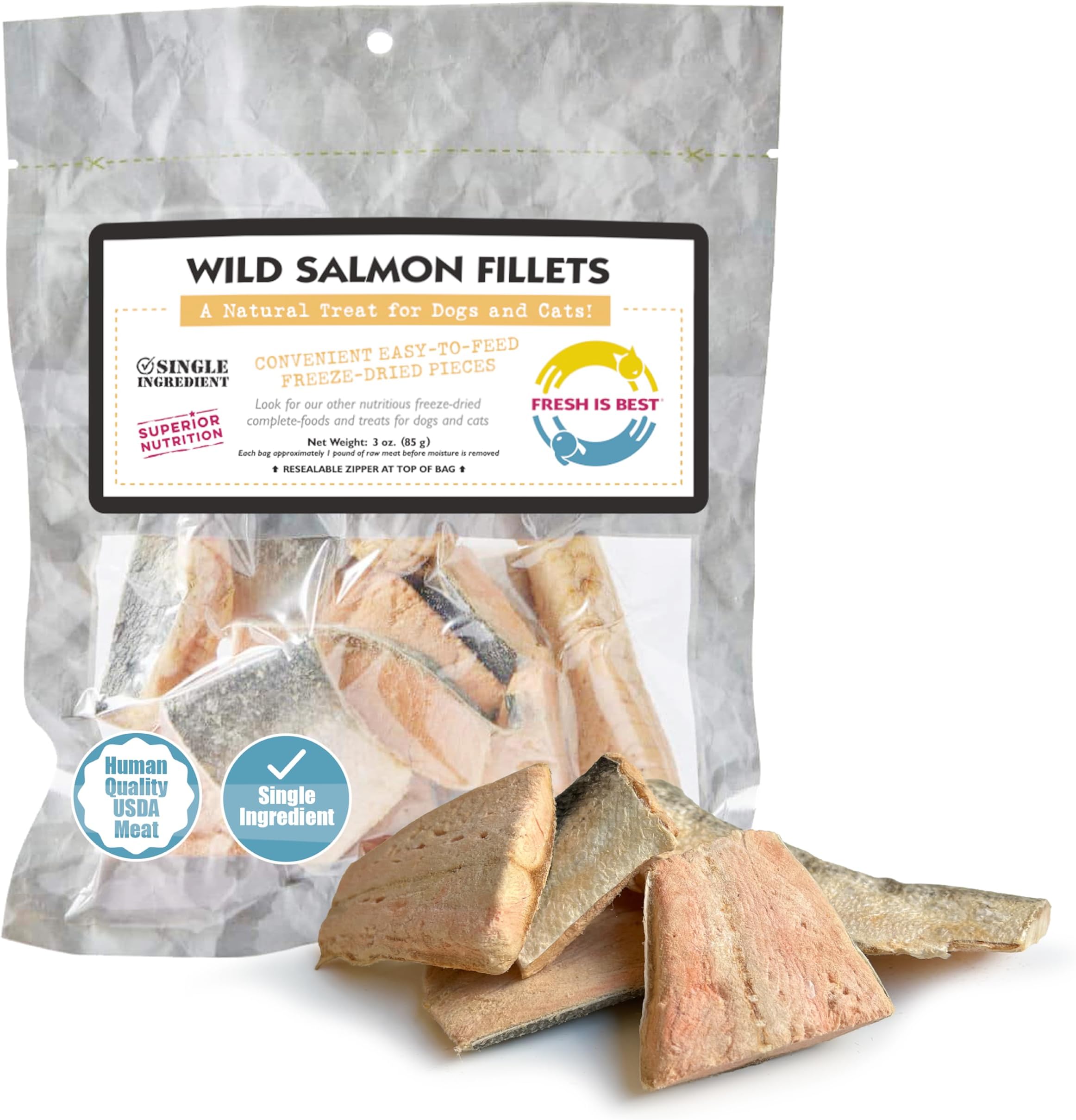 Fresh Is Best Salmon Fillets Freeze Dried Dog Treats – Raw Freeze Dried Fish for Cats & Canines in Resealable Zipper Bag – High-Protein Salmon Dog Treats – Made in the USA