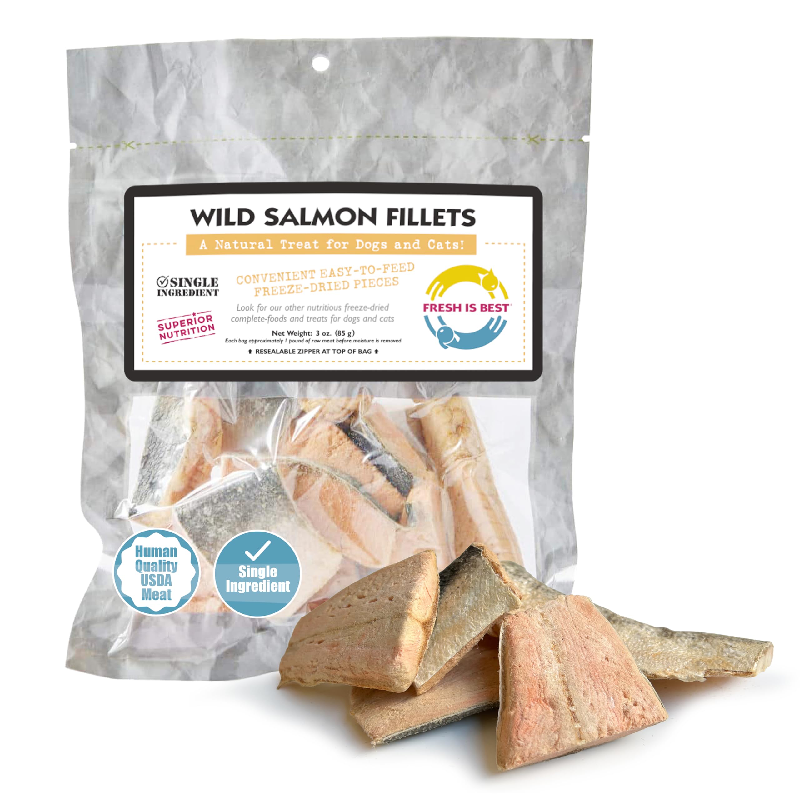 Fresh Is Best Salmon Fillets Freeze Dried Dog Treats – Raw Freeze Dried Fish for Cats & Canines in Resealable Zipper Bag – High-Protein Salmon Dog Treats – Made in The USA