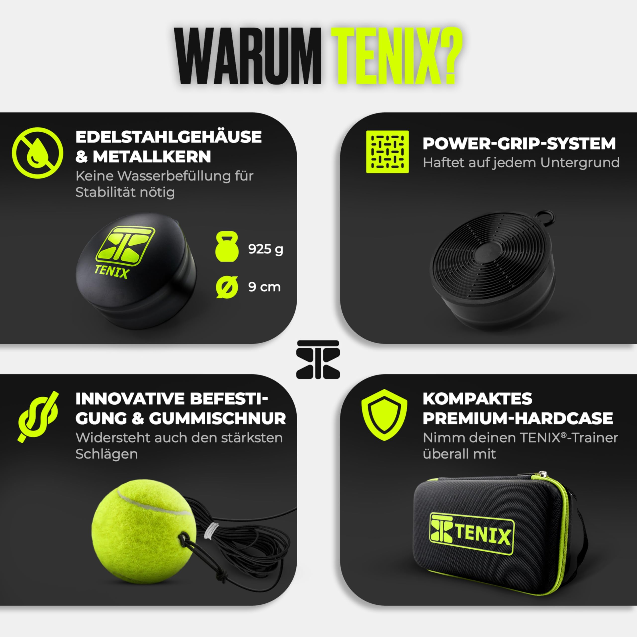 TENIX® Tennis-Trainer Set [mit Power-Grip-System] Tennis Trainingsgerät für Kinder & Erwachsene | Tennis alleine Spielen im Hof, im Park, auf dem Tennisplatz | Hole dir deinen Selbst-Trainer!