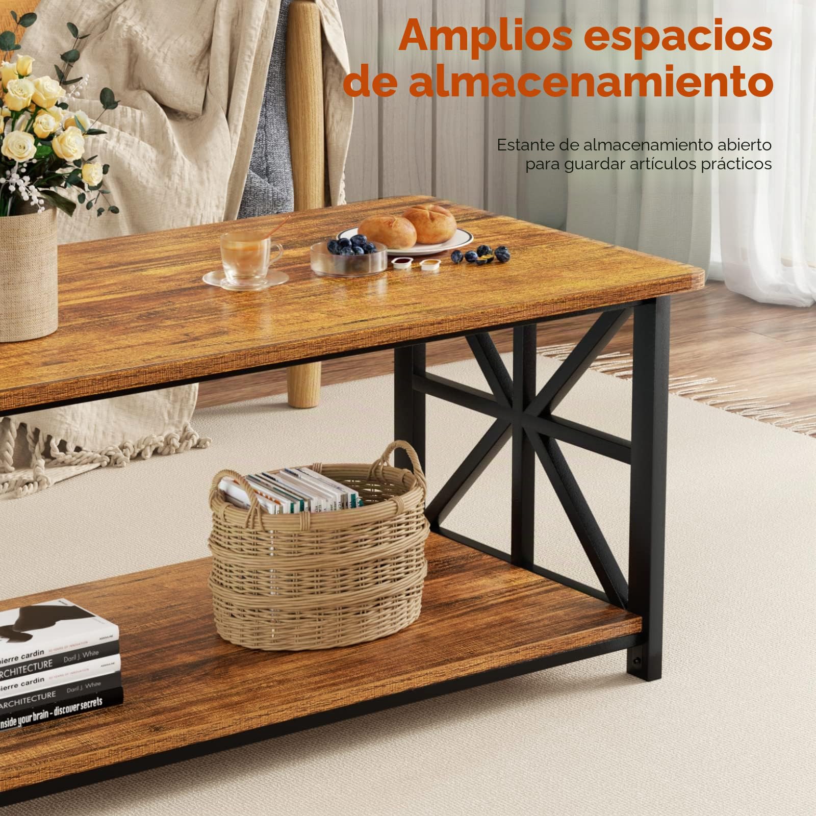 GreenForest Mesa Auxiliar con Esquina Redonda, Mesa Central de Granja con Estante de Almacenamiento de 2 Niveles, diseño de Marco en X para Sala de Estar, 99 cm, Nogal