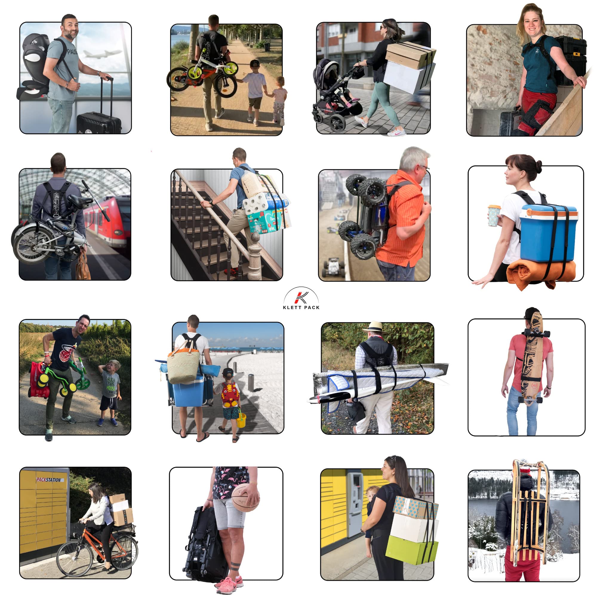 KLETTPACK - Tracolla posteriore per pacchetti, hobby, snowboard, lavoro e vacanze, adatta per grandi forme ingombranti, ergonomica, delicata sulla schiena
