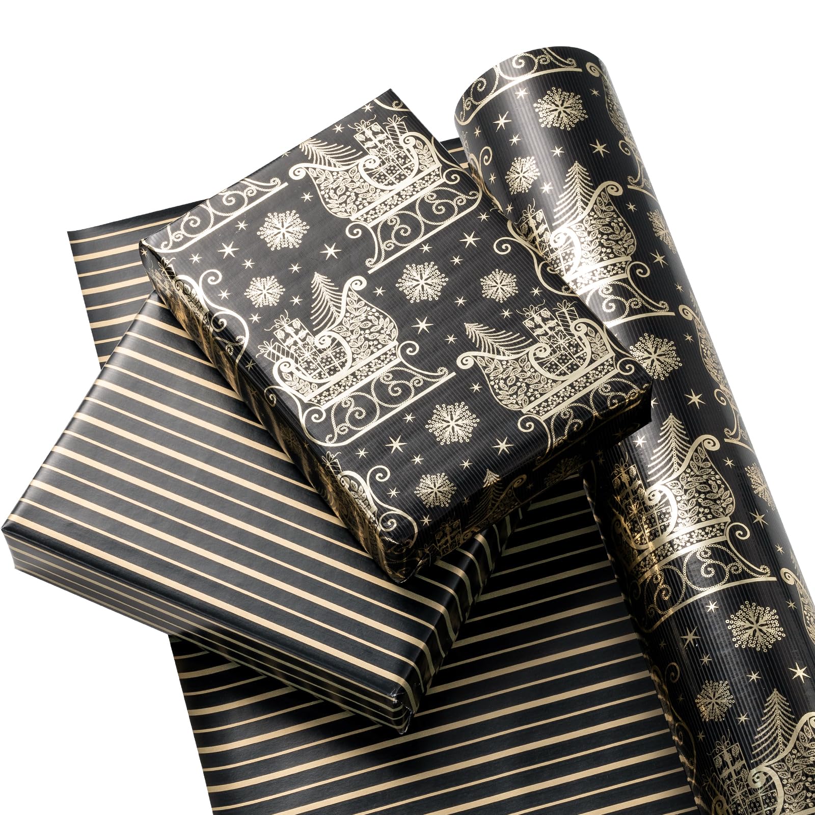 WRAPAHOLIC Rouleau de papier cadeau de Noël réversible – 76,2 cm x 30,5 m – Motif traîneau de Noël noir et doré avec motif feuille métallique