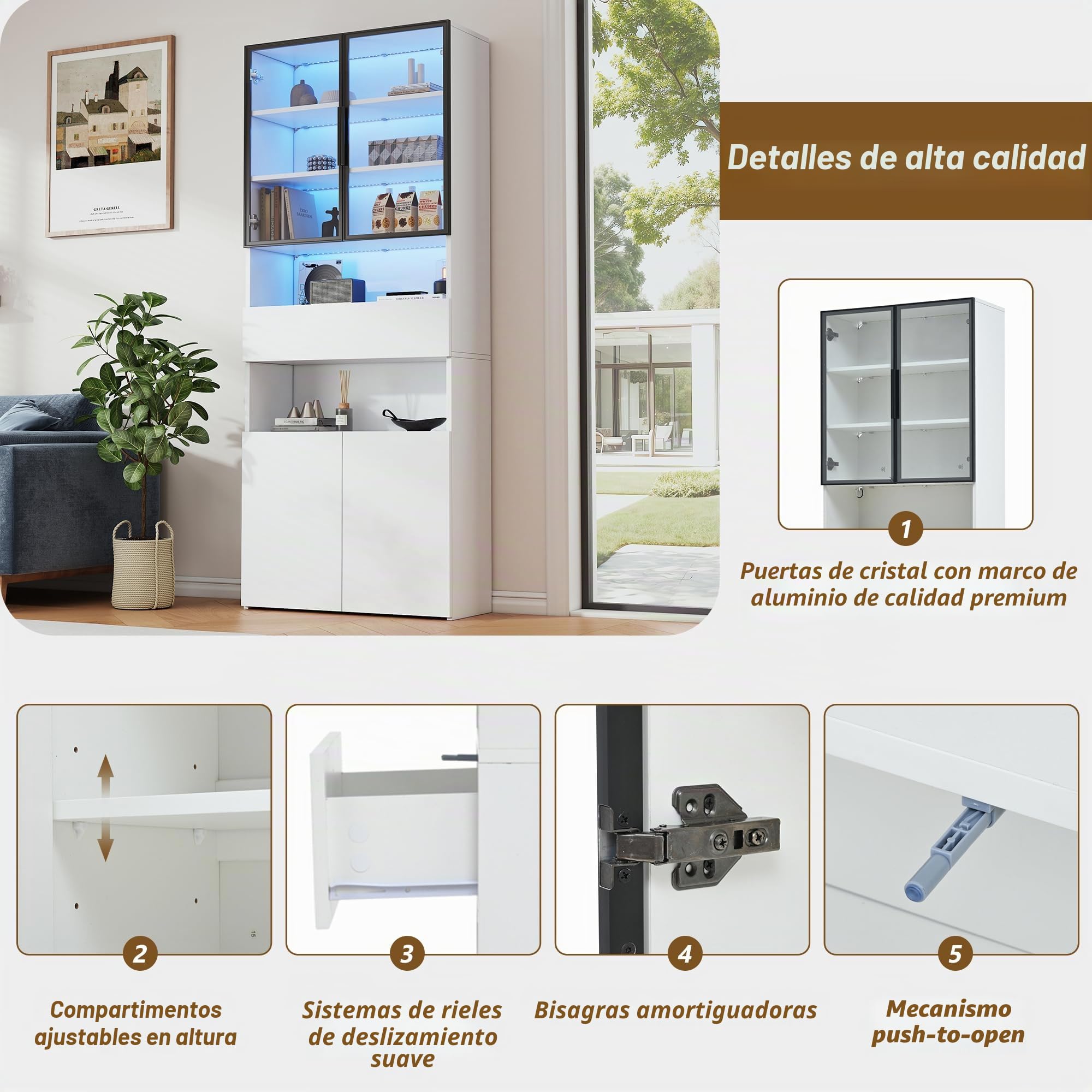 Lcoho Vitrina de 70 x 30 x 200 cm, con cajones y armarios, armario alto con plataforma de almacenamiento abierta, estantería para libros, vitrina de pie, color blanco