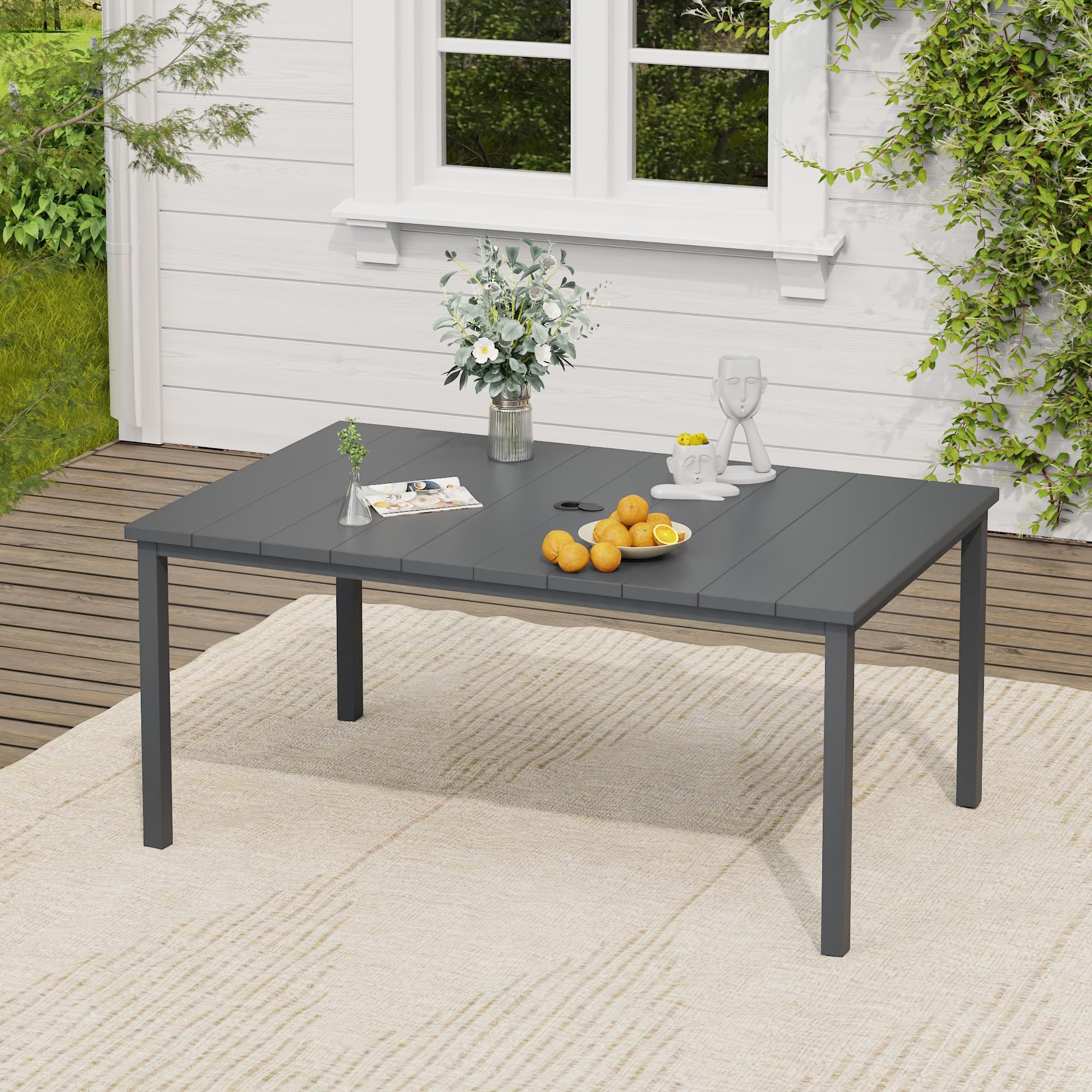VICLLAX Outdoor Table for 6, Metal Patio Dining Table with Umbrella Hole for Garden Lawn Deck Backyard, Dark Grey Tabletop
