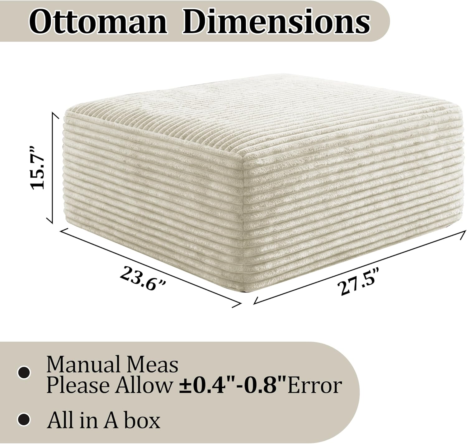 Corduroy Ottoman, Modern Boneless Cloud Foot Rest Foam Support, Oversized Modular Sectional Sofa Stool for Living Room, Bedroom & Small Spaces, No Assembly Required(Beige, Ottoman) | Foam Support, Living Room Bedroom, No Assembly Required