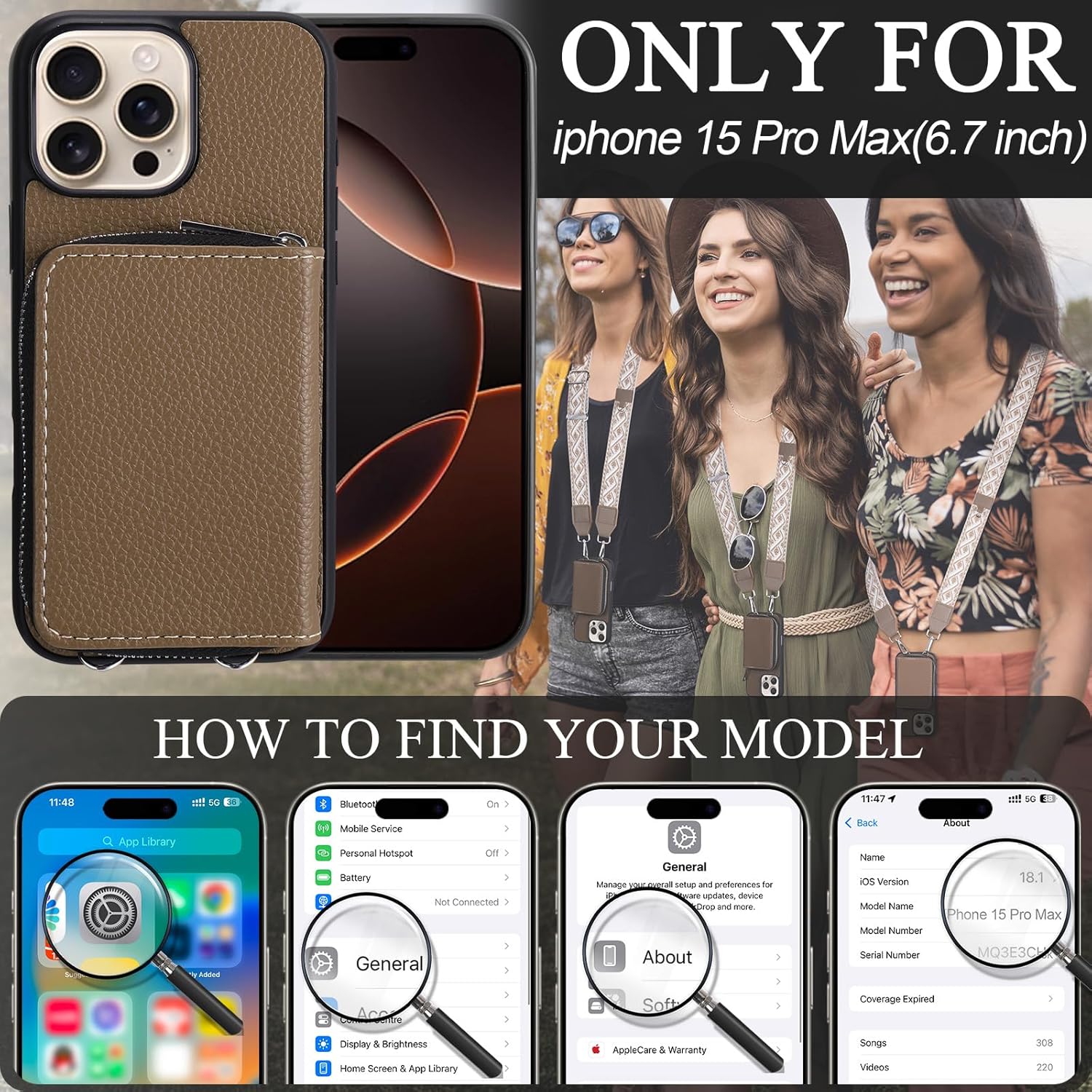 XANGNIER Wallet Case for iPhone 15 Pro Max, RFID Blocking PU Leather Crossbody Phone Purse with Card Holder, Zipper Pocket, Wrist Strap & Adjustable Lanyard for Women 6.7" 5G, Brown - Image 3