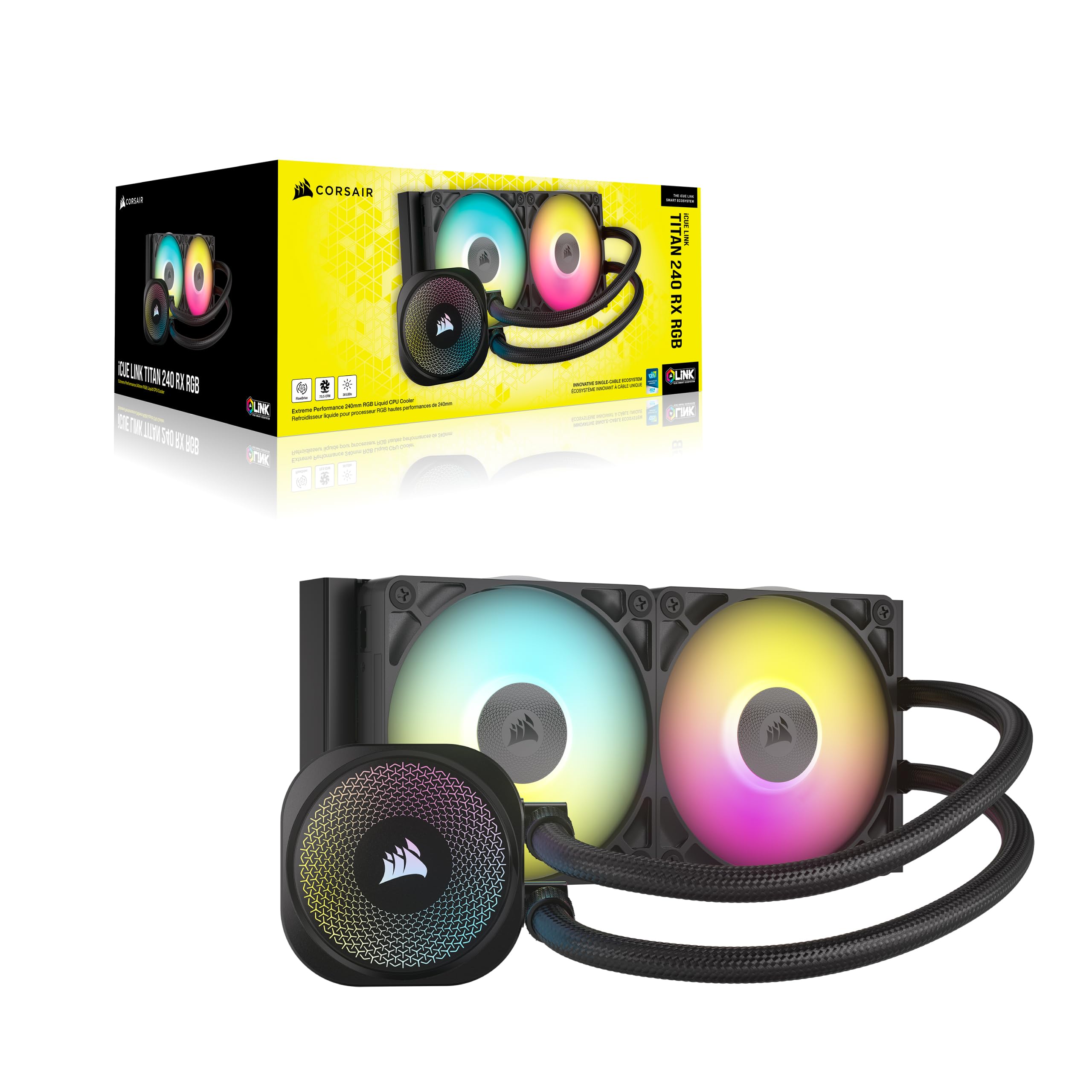 CORSAIR iCUE Link Titan 240 RX RGB Refroidisseur Liquide pour CPU – 240mm AIO – 2X RX120 Ventilateurs RGB Inclus – Convient à Intel LGA 1851/1700, AMD AM5/AM4 – Hub du Système iCUE Link Inclus – Noir
