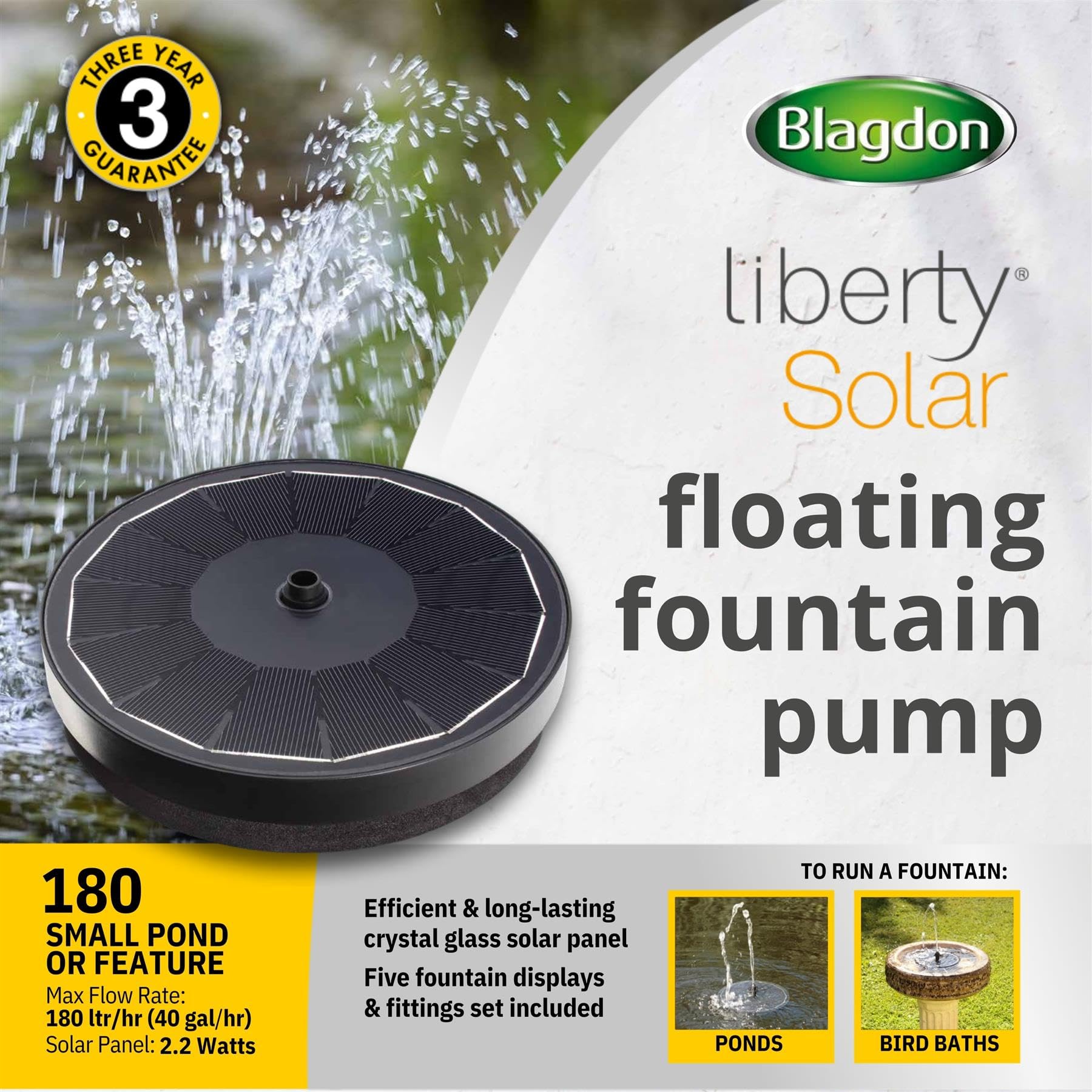 Blagdon Liberty - Pompa a fontana galleggiante solare per piccoli laghetti, giochi d'acqua, vaschette per uccelli, con pannello in cristallo, cinque display a fontana, tutti gli accessori inclusi,