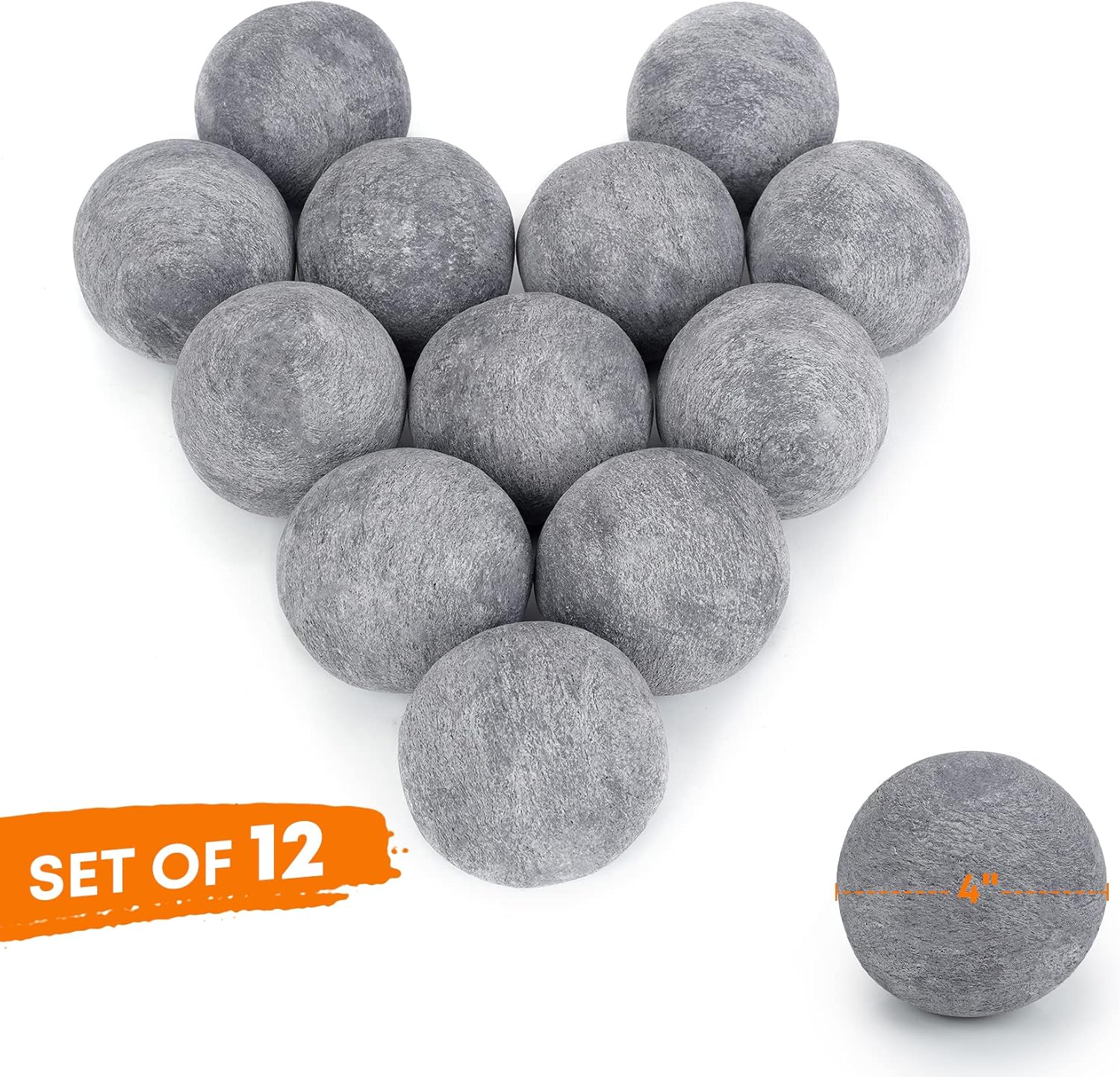 Stanbroil Ceramic Balls - 4” Round Fire Stones for Fire Pit Fire Bowl and Fireplace - Set of 12, Gray